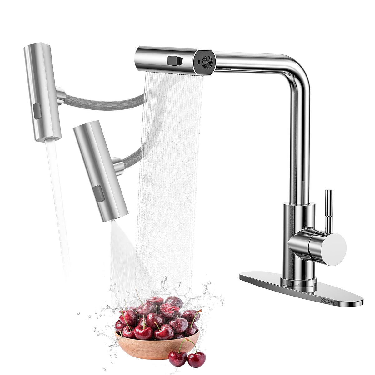 Waterfall Kitchen Sink Faucet With Sprayer: 3 Modes(Waterfall/Stream/Sweep) Pull Down Sprayer - Iviga Chrome Splash Proof Sink F
