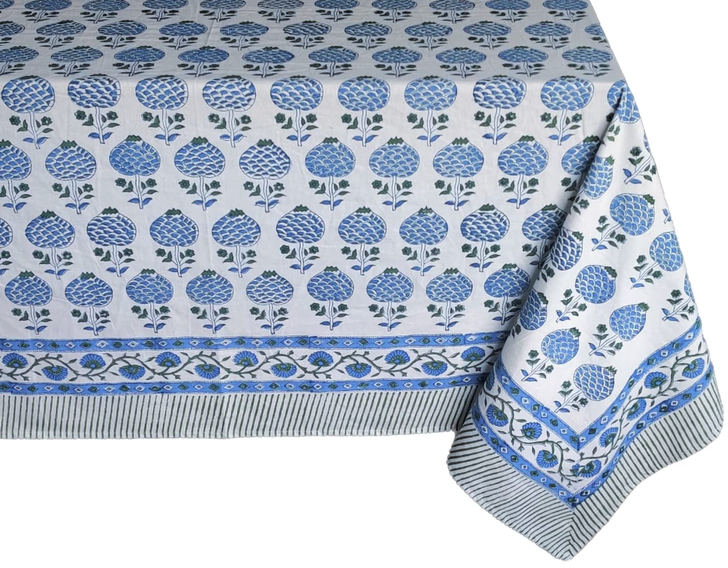 Atosii Roma Blue 100% Cotton Boho Rectangle Fall Tablecloth, Handblock Floral Print Table Cloth Linen For Kitchen Dining I Parti