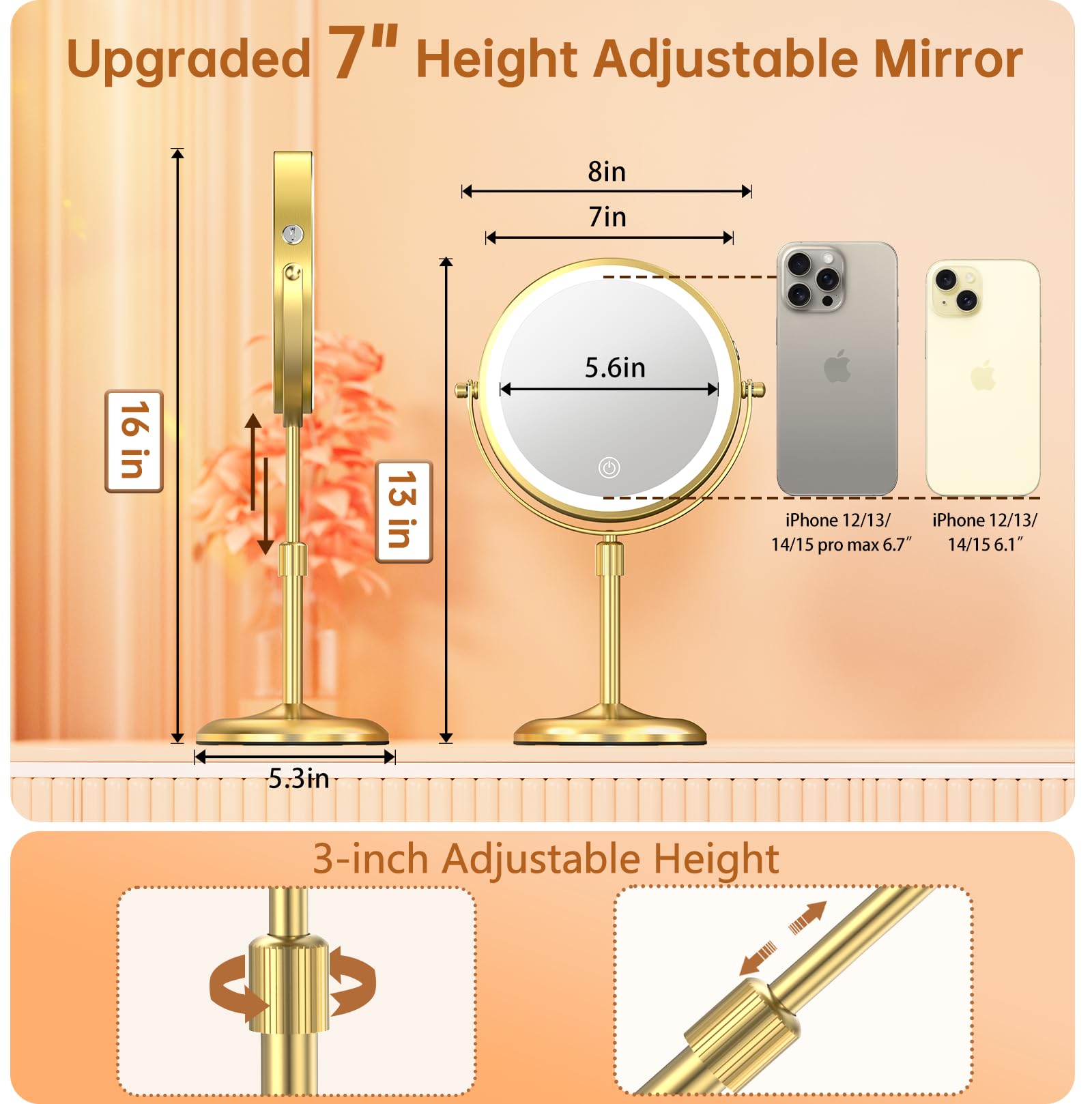 Gospire 7'' Lighted Makeup Mirror With Magnification 10X/1X, Height Adjustable & 3 Color Dimmable Lights, 360 Swivel Double Side