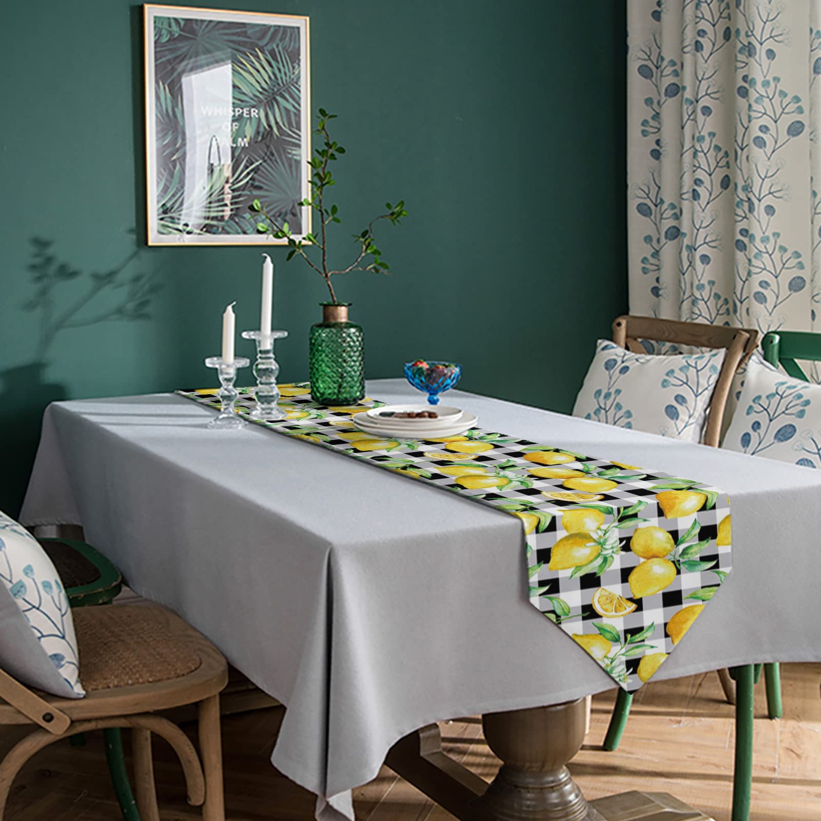 Linen Burlap Table Runner Spring Farmhouse Dresser Scarves, Yellow Lemon On Buffalo Plaid Table Runners For Family Dinner/Holida