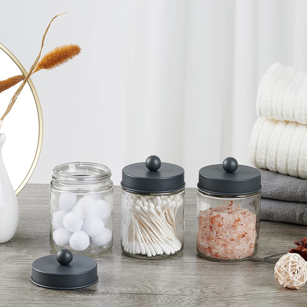 6 Pack Apothecary Jars Bathroom Vanity Organizer- Rustic Farmhouse Decor Storage Canister with Stainless Steel Lids- Qtip Dispenser Holder for Q-Tips Cotton Swabs Rounds Ball Flossers (Grey)