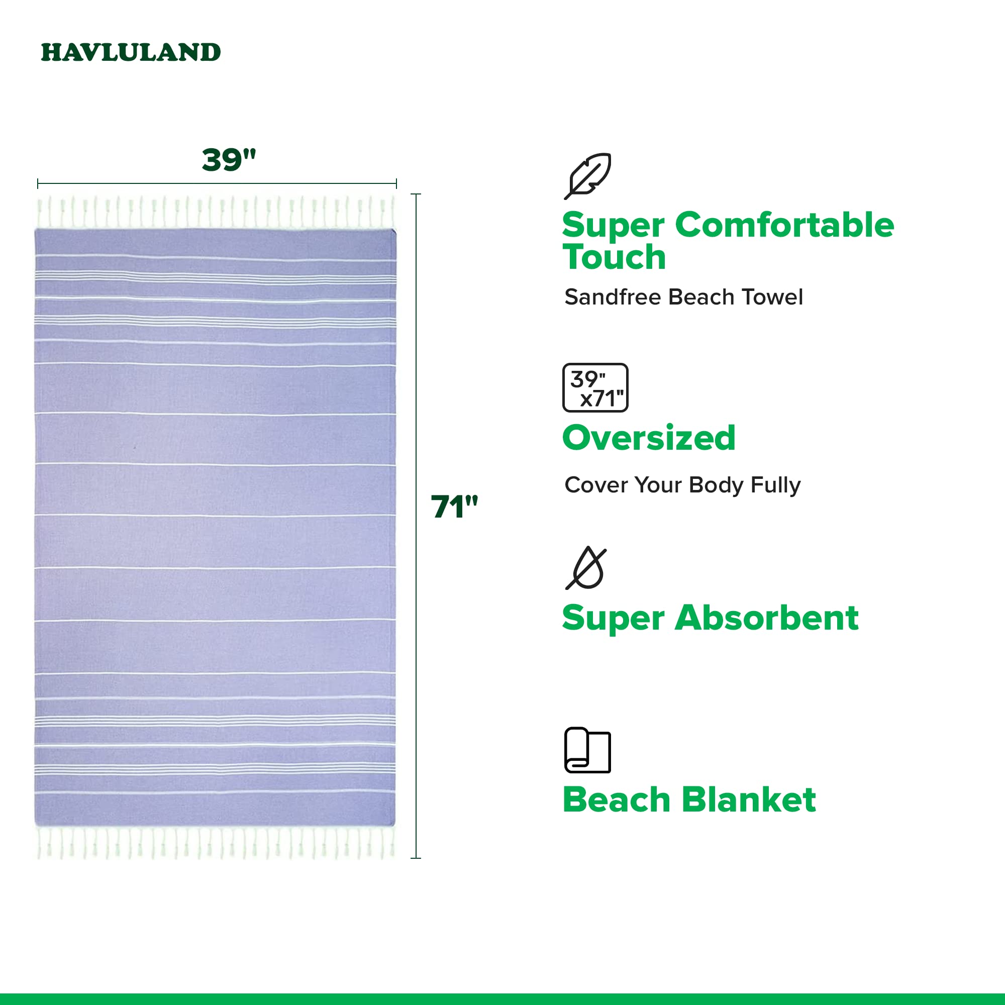HAVLULAND Sale Pack of 2 Turkish Beach Towels 100% Cotton Super Absorbent Quick-Dry Sand Free Beach Towel Oversized 71x39 Lightweight Beach Blanket Soft Turkish Bath Towel Travel Towels (Lilac)