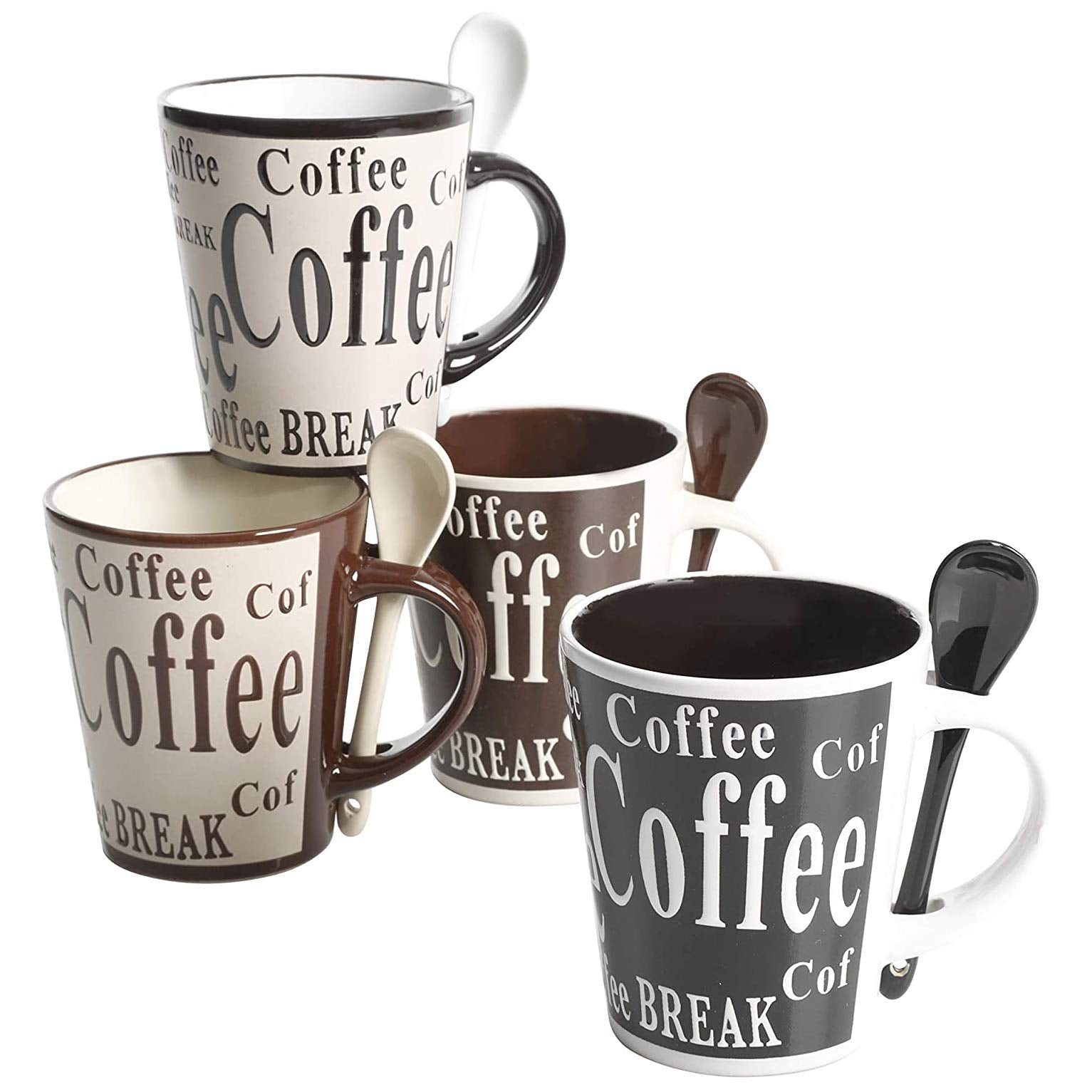 Mr. Coffee Bareggio 8-Piece Mug and Spoon Set, Stoneware, 14oz, Café Americano