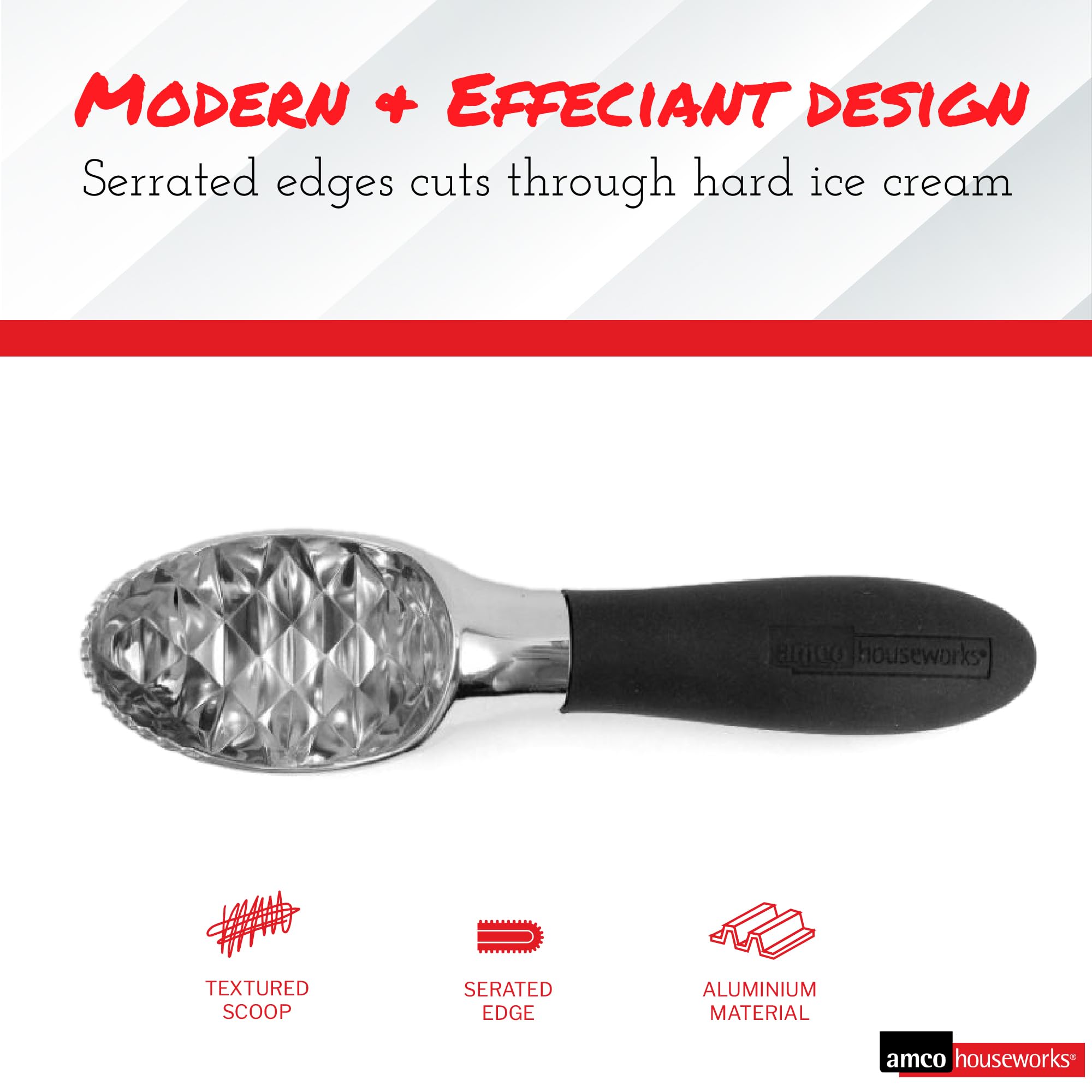 Amco 7.25'' Serrated Ice Cream Scooper | Aluminum | Dishwasher Safe | Comfortable Grip Handle For Smooth Serving Experience | Id