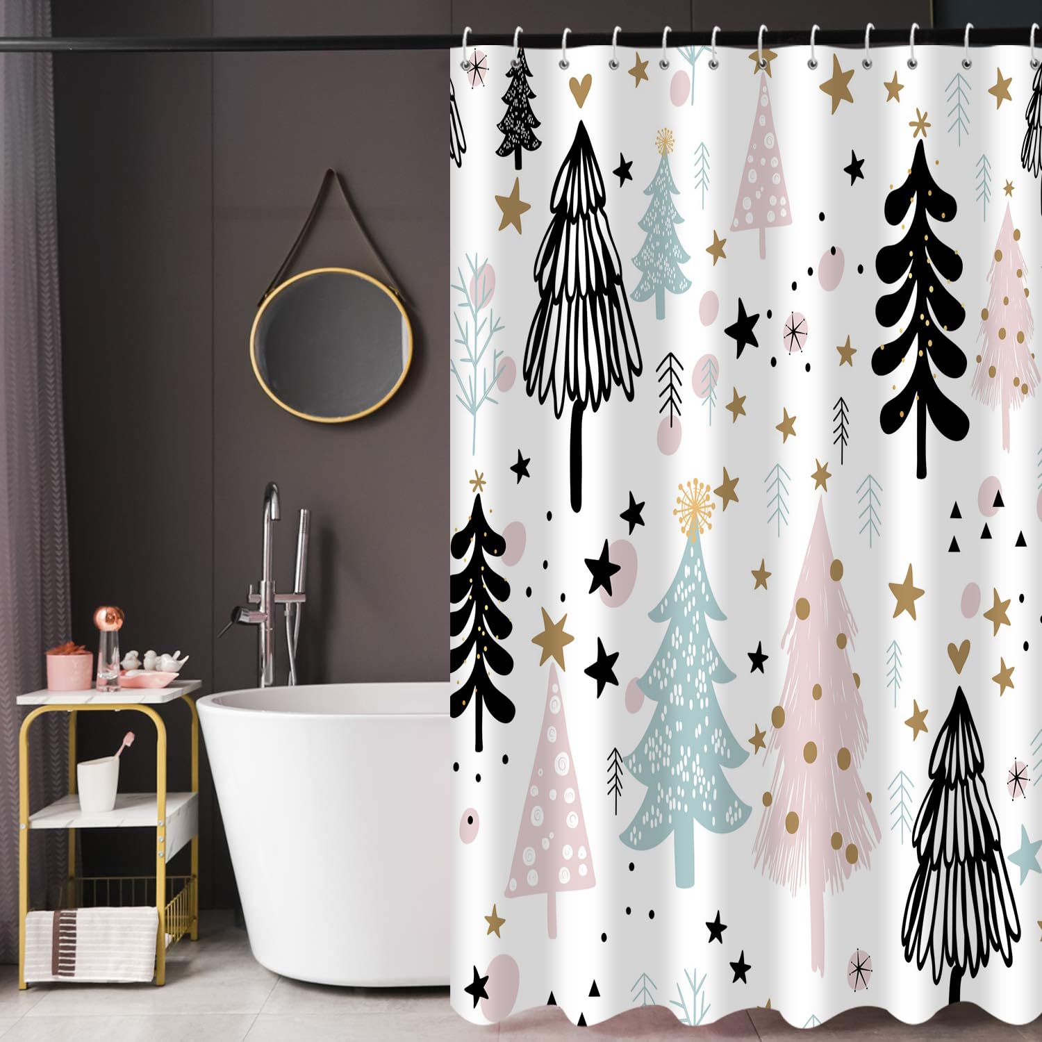 Gcirec Christmas Tree Shower Curtain, Pink And Blue Christmas Tree Snowflake Stars Winter New Year Xmas Holiday Bathroom Curtain