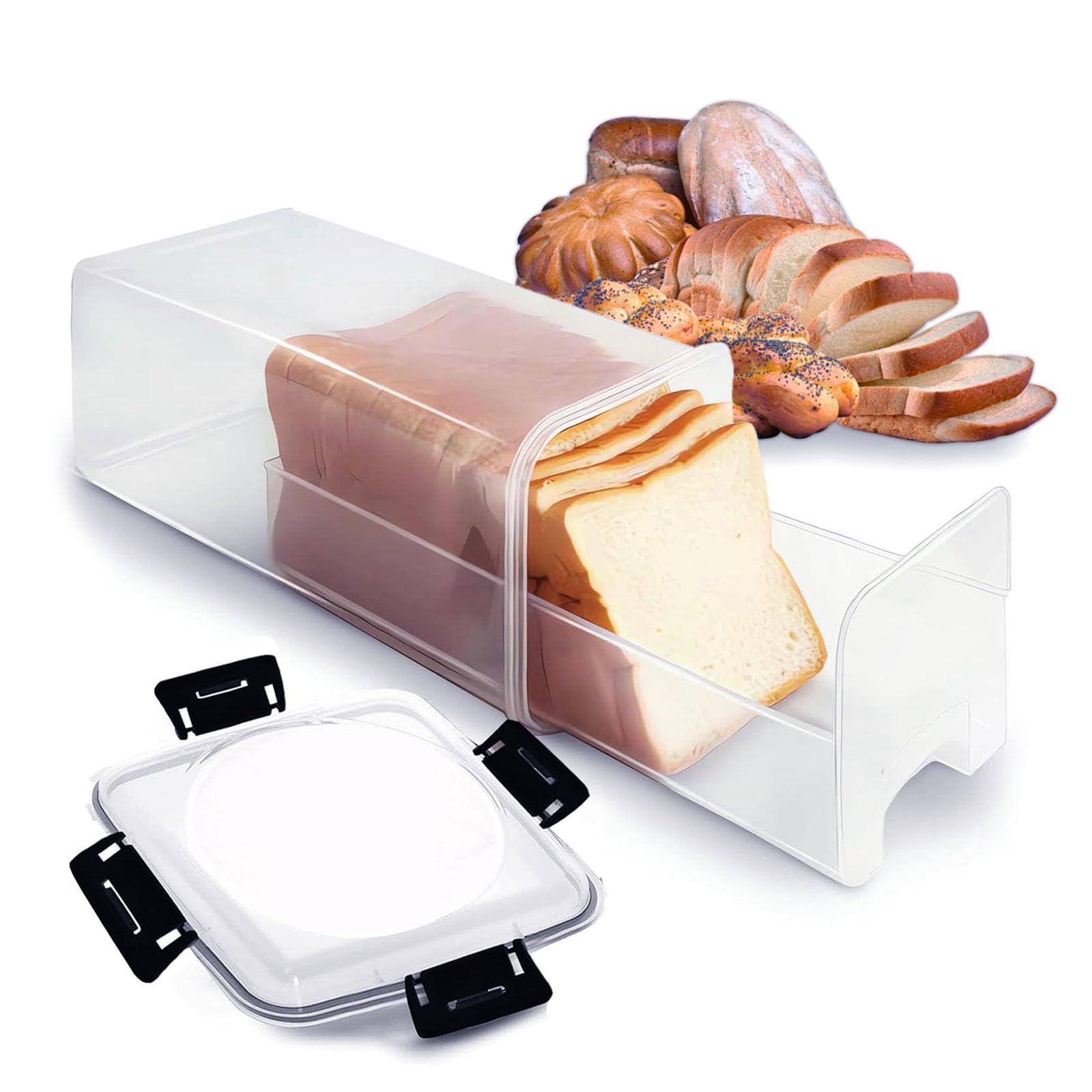 DIYOHFE SlideOut Bread Storage Container with Airtight Lid, Clear Plastic Bread Box with Drawer Tray for Sandwich Loaves, Bagel