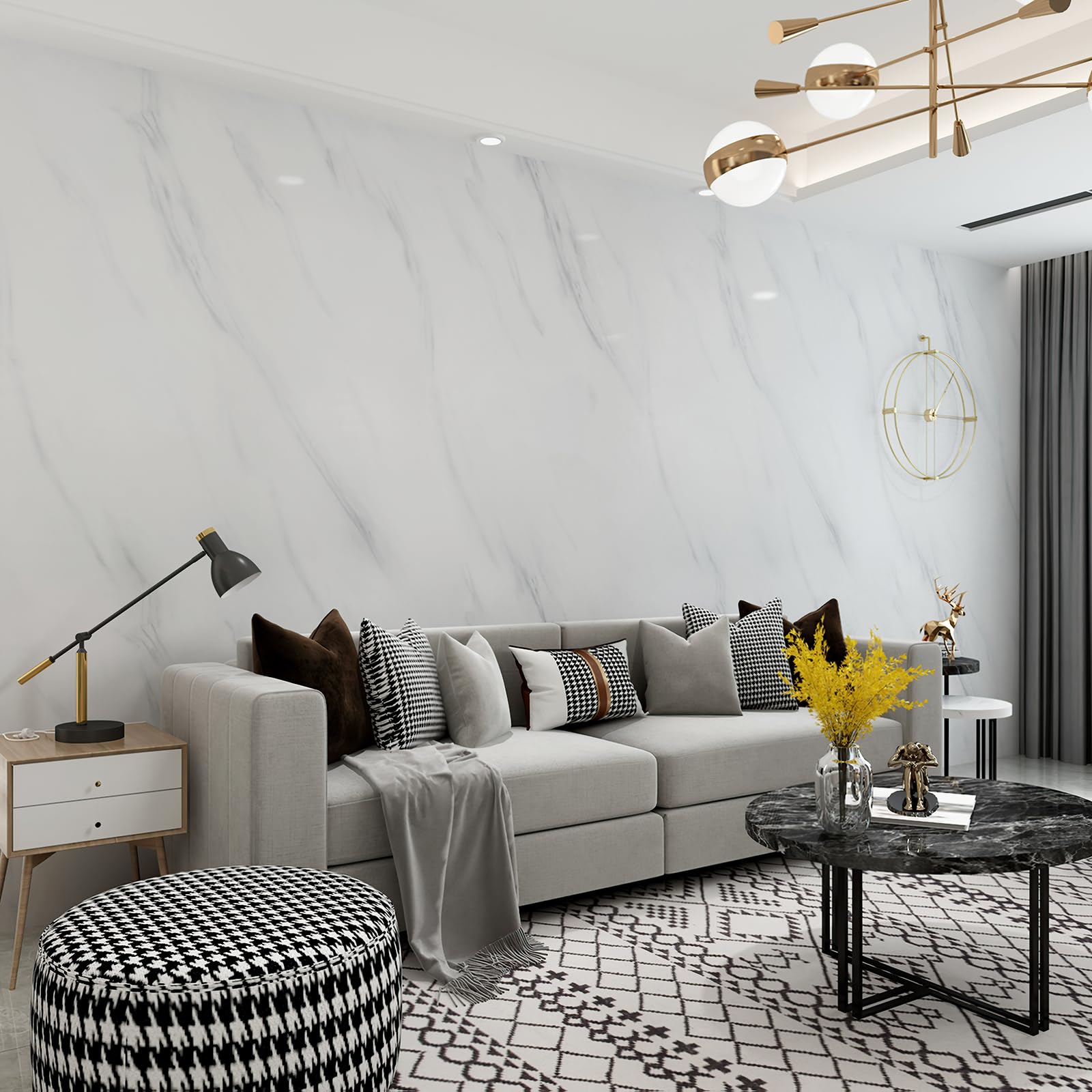 JSEVEM 24''?97'' Extra Thick White Grey Wallpaper Peel and Stick Removable White Gray Marble Contact Paper Vinyl Wrap Faux Glossy Textured Granite Wall Sticker Decor for Bedroom Bathroom Kitchen Island