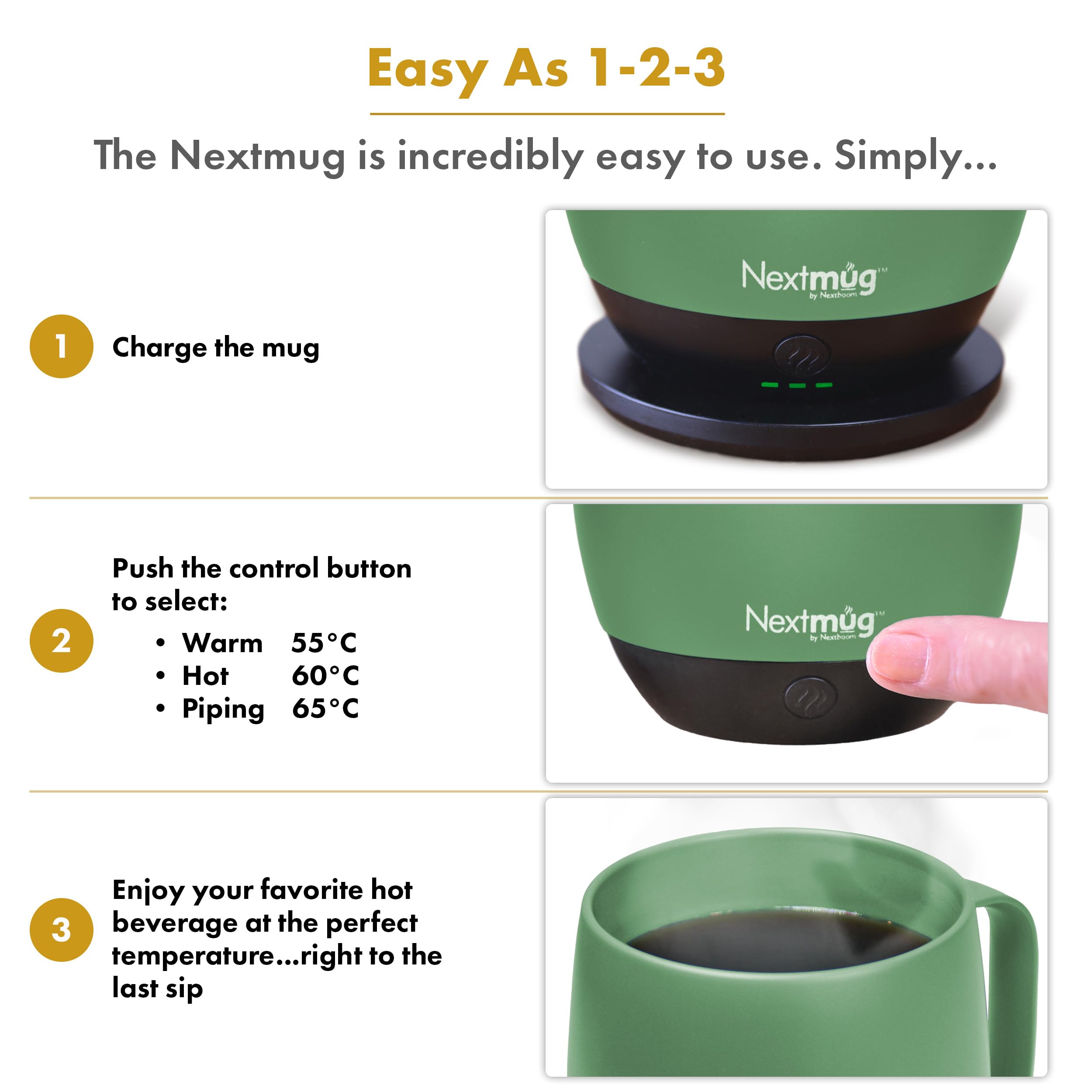 Nextmug - Temperature-Controlled  Self-Heating Coffee Mug (Sage - 14 oz.)
