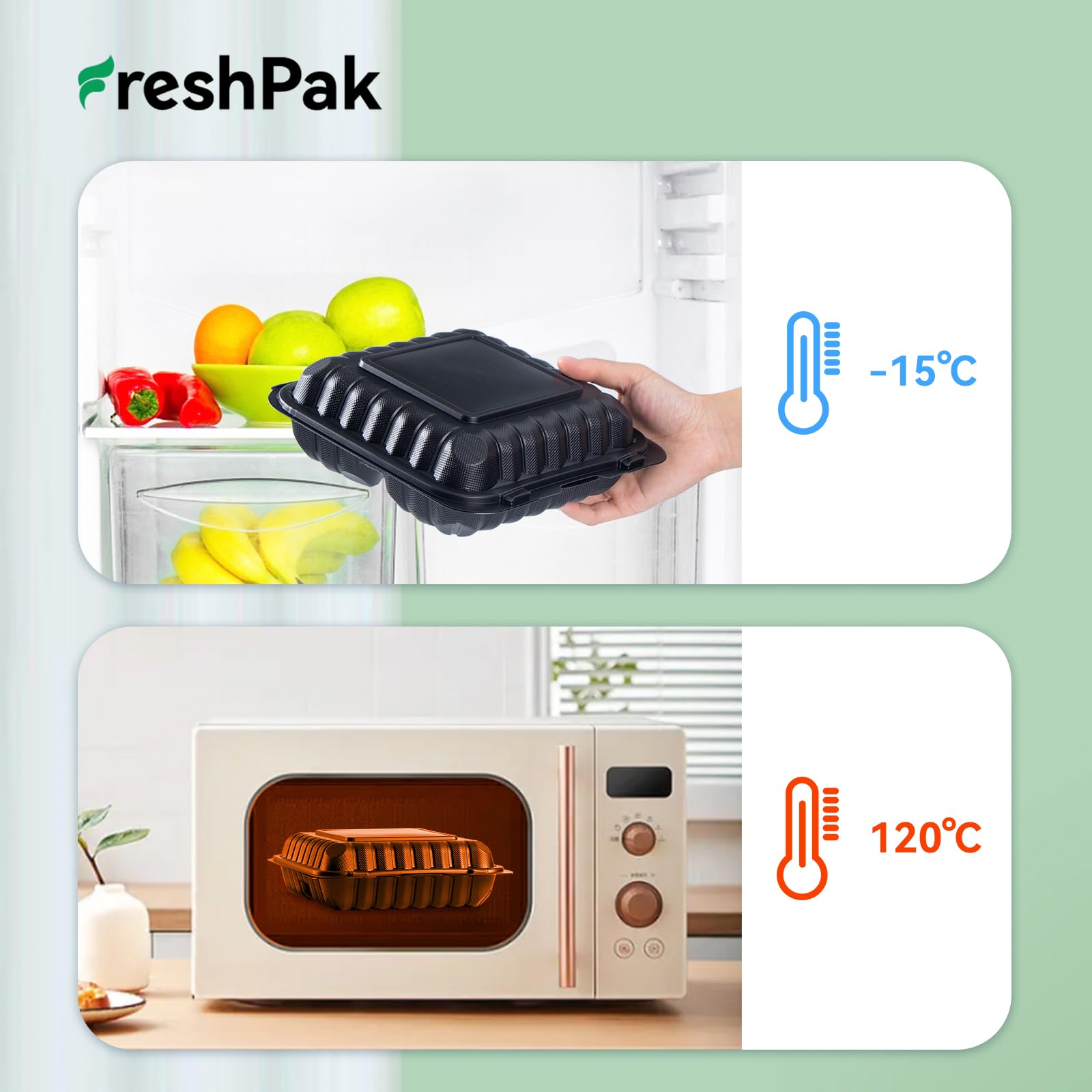 Freshpak Clamshell Food Containers, 55-Pack Plastic Black To Go Containers With Lids For Lunch 34 Oz Reusable Bpa Free 3-Compart