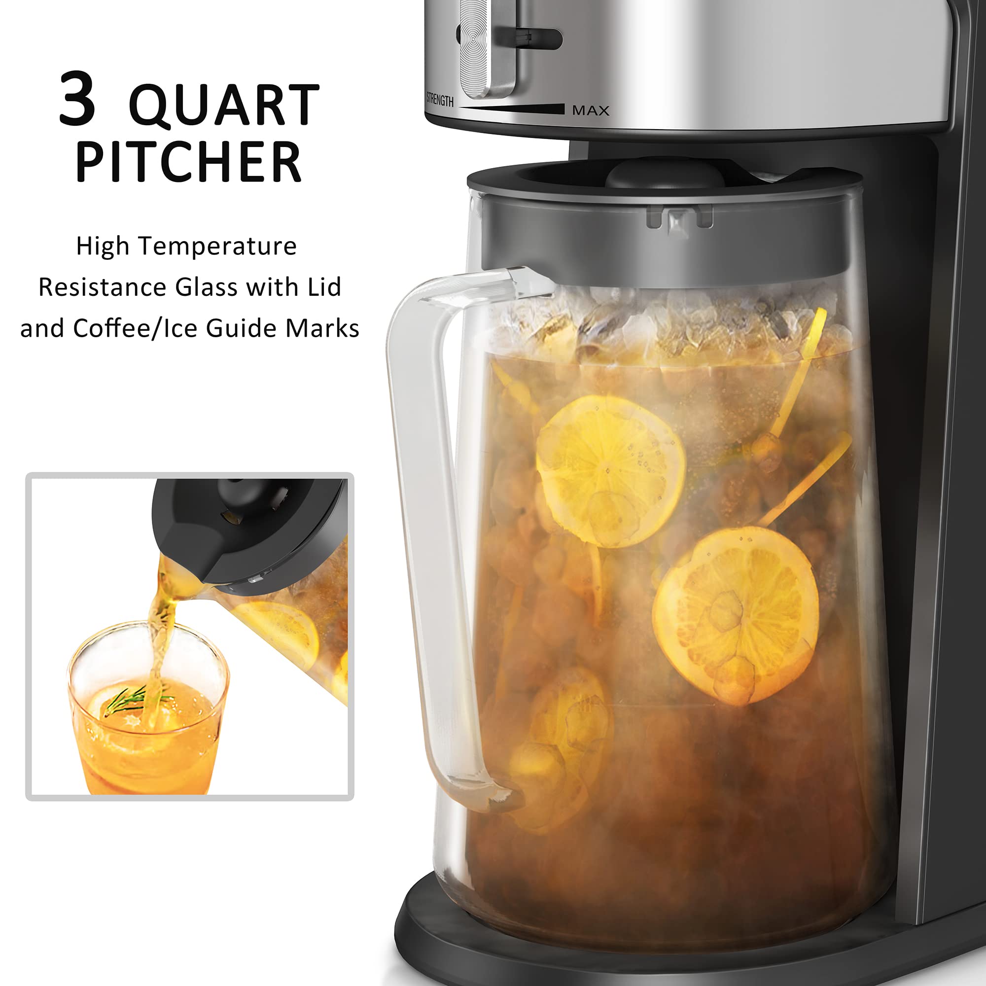 wirsh Iced Tea Maker EP-1205, 3QT Glass Pitcher, Black, Reusable Filter, Perfect for Iced Coffee, Tea, Lemonade