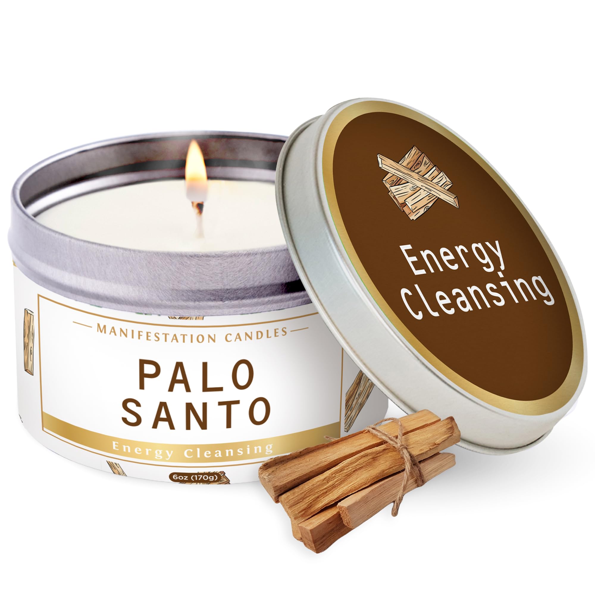 Manifestation Candles Palo Santo & Sage Candle - 6 Oz Soy Wax Tin - 35-Hour Burn - Home Energy Cleansing & Positive Vibes - Heal