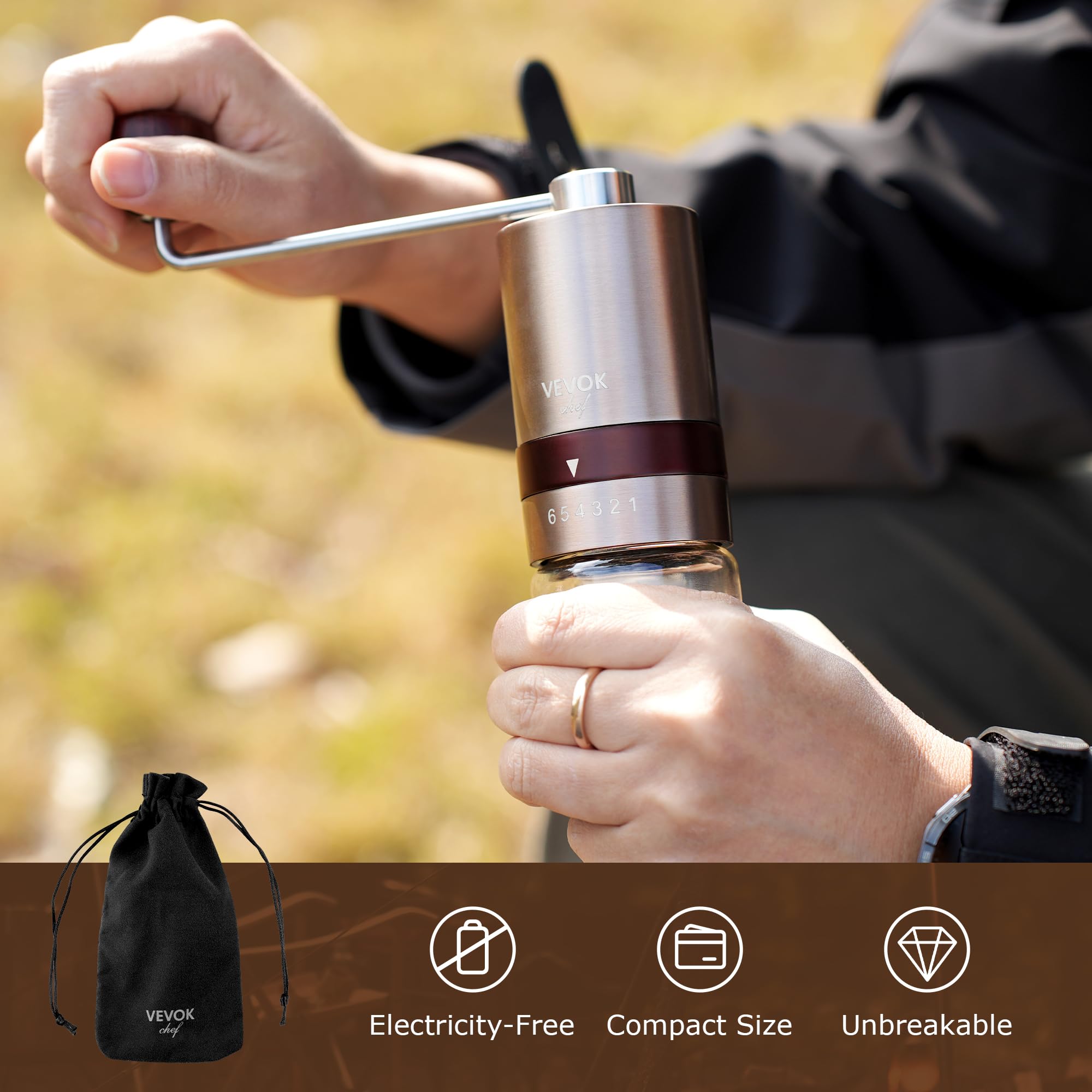 VEVOK CHEF Gold Stainless Steel Manual Coffee Grinder, Model 15986, Adjustable Burr for Espresso and Morning Coffee, Portable and Compact