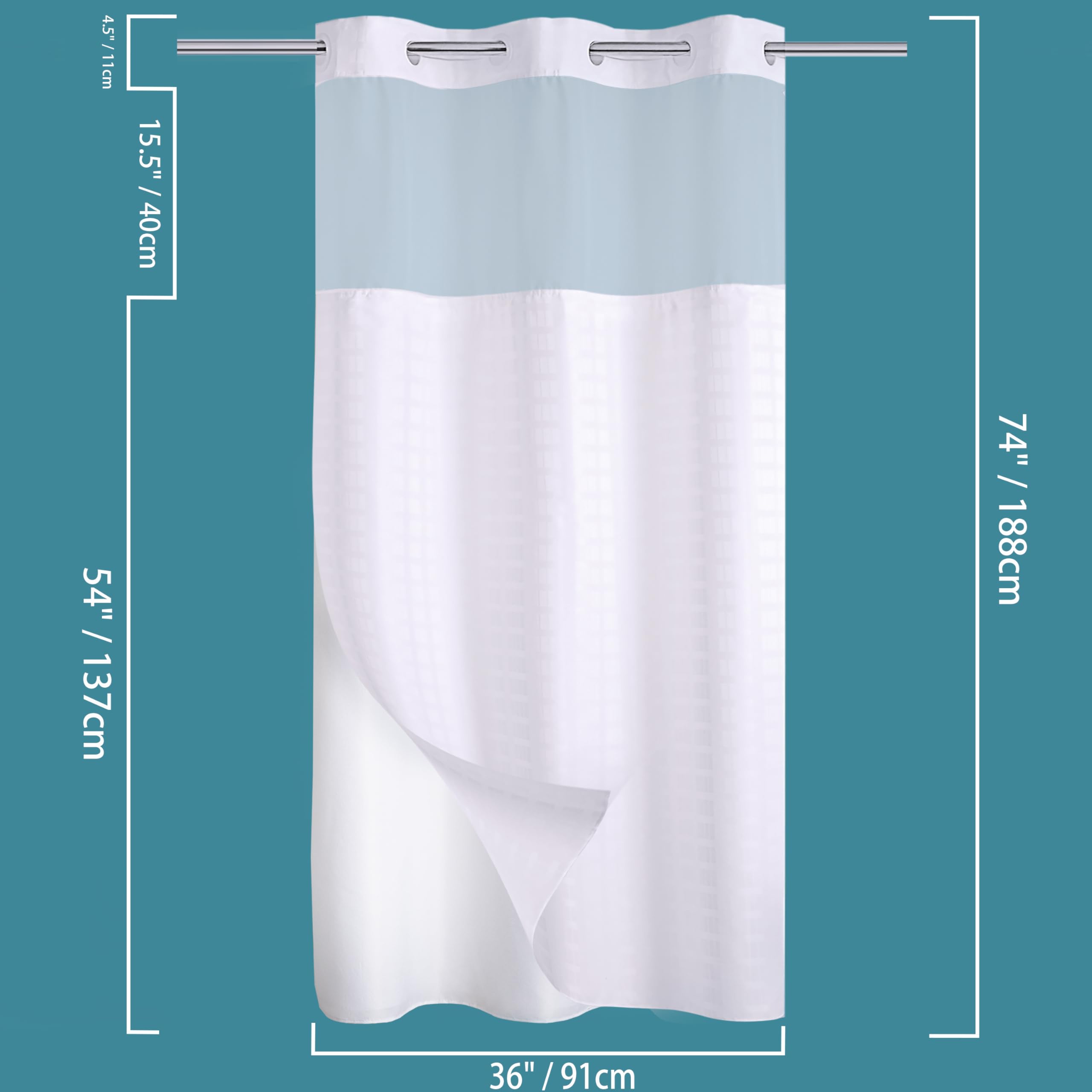 Conbo Mio Hotel Grade Fabric Shower Curtain Small Stall White Shower Curtain with Snap in Liner for Bathroom with See Through Top Window  Spa  Machine Washable (Check-White 36W x 74H)