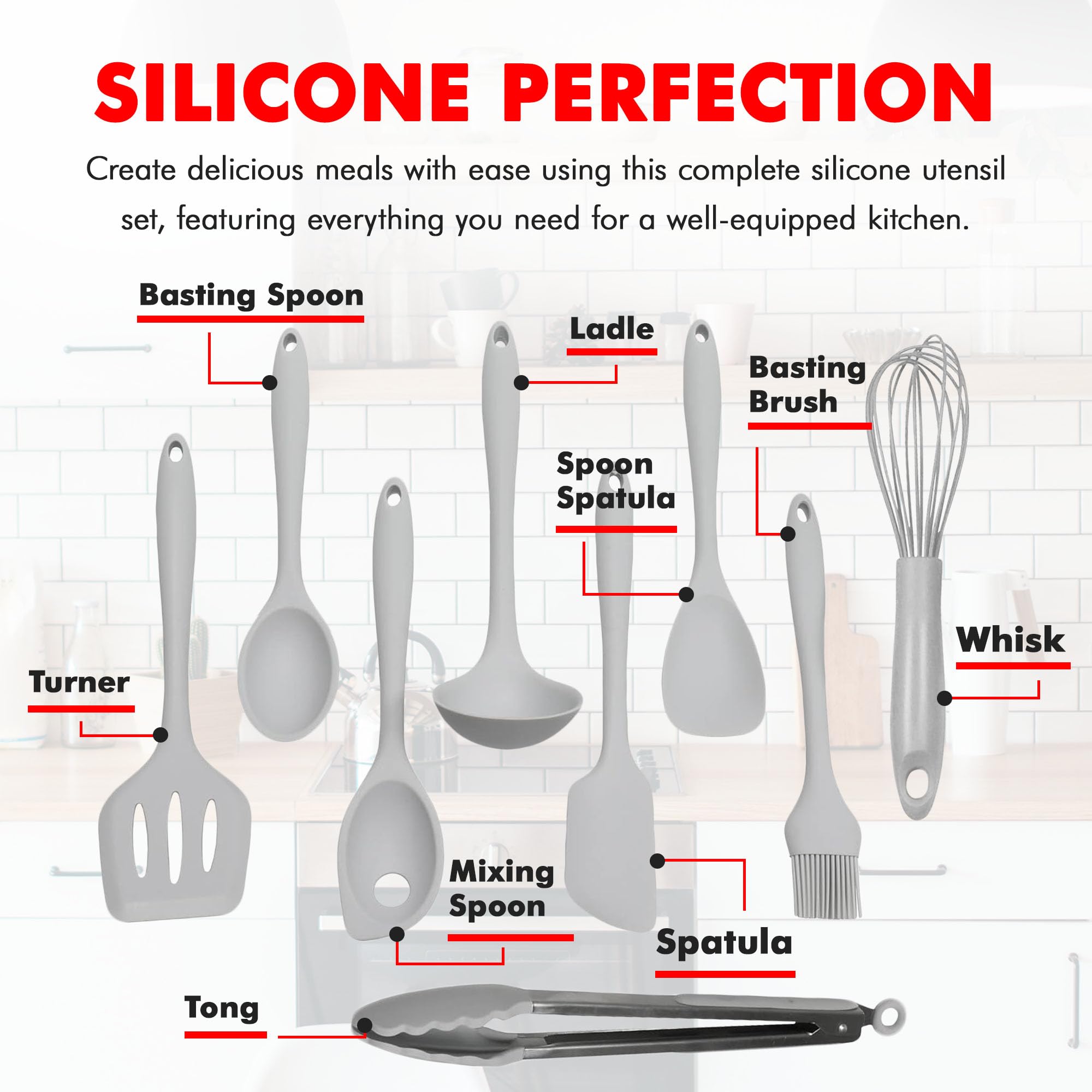 Chef Craft Premium Silicone Kitchen Tool And Utensil, 9 Piece Set, Gray
