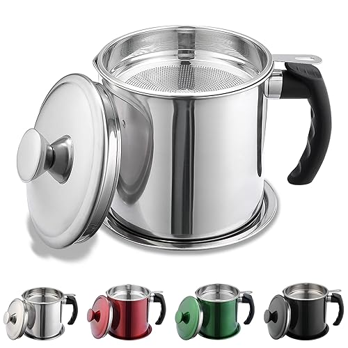 Kyraton Bacon Grease Container With Strainer  48 oz Stainless Steel Oil Container  Pot Fat Storage With Lid  Easy Grip Handle Suitable For Storing Frying Oil And Cooking Grease