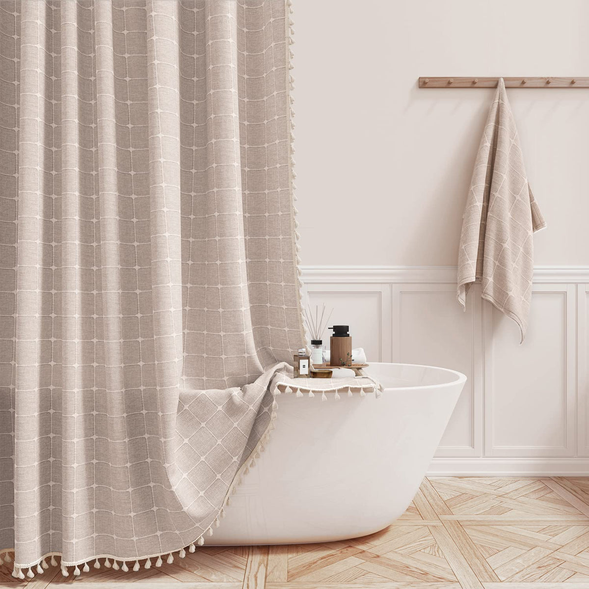 Bttn 60 Inch Stall Shower Curtain, Boho Farmhouse Linen Fabric Tassel Shower Curtain Set With 10 Plastic Hooks, Narrow Country D
