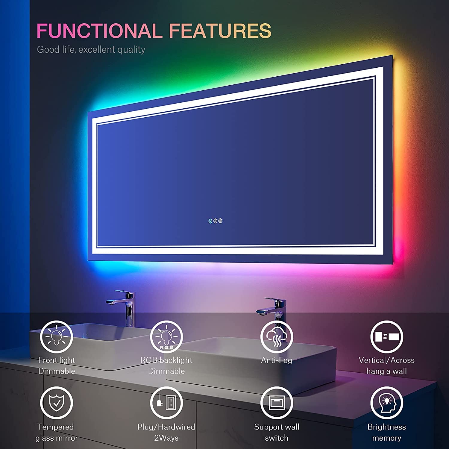 ISTRIPMF 60x28 Inch LED Bathroom Mirror with Lights  RGB Color Changing Lighted Mirrors for Bathroom Wall  Dimmable  Anti-Fog Large LED Mirror for Bathroom (RGB Multicolor Backlit+Front-Lit)