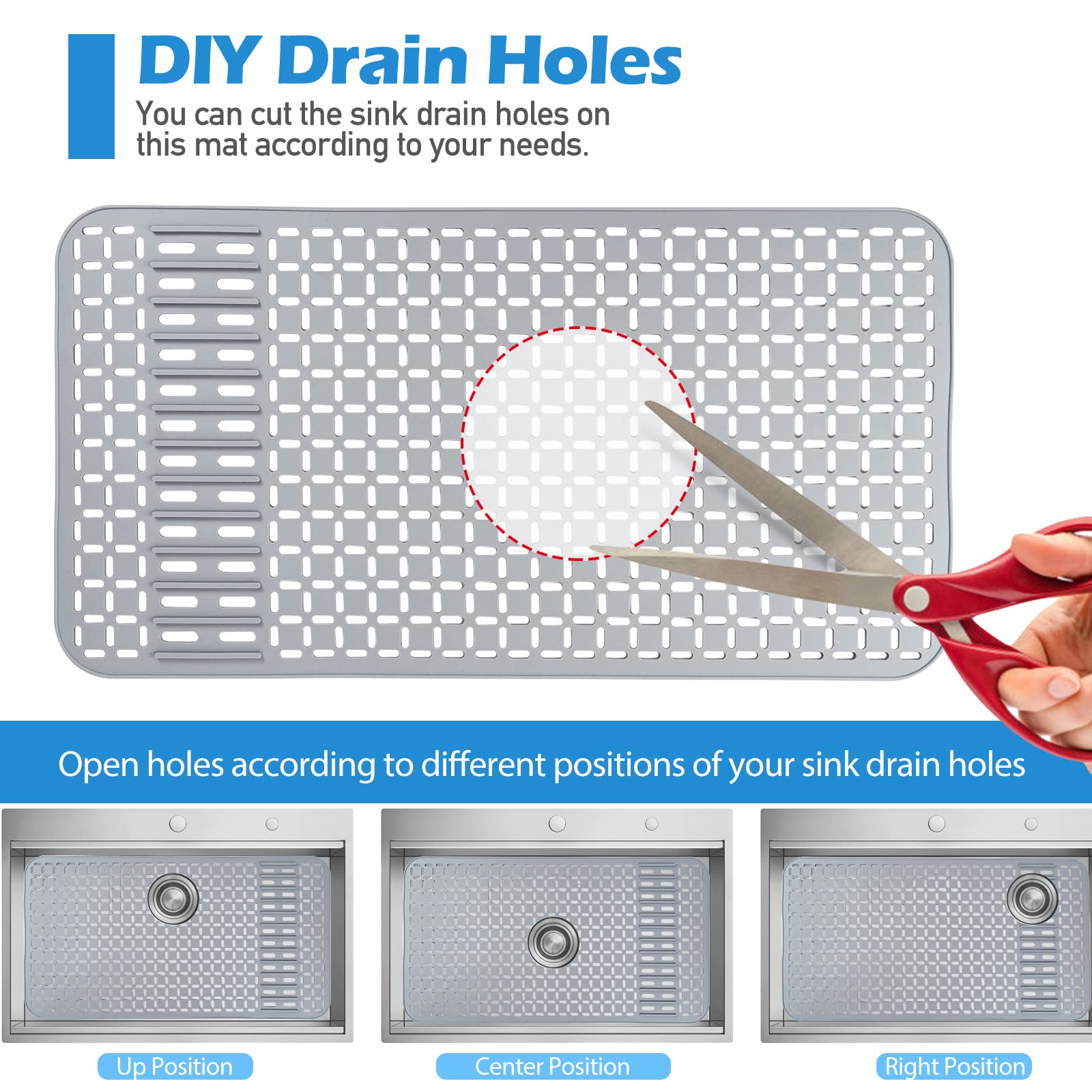 Silicone Sink Mat 26''X14'' Kitchen Sink Protector Mat With Diy Drain Hole, Grey Farmhouse Silicone Sink Mat Protector 1Pcs Kitc