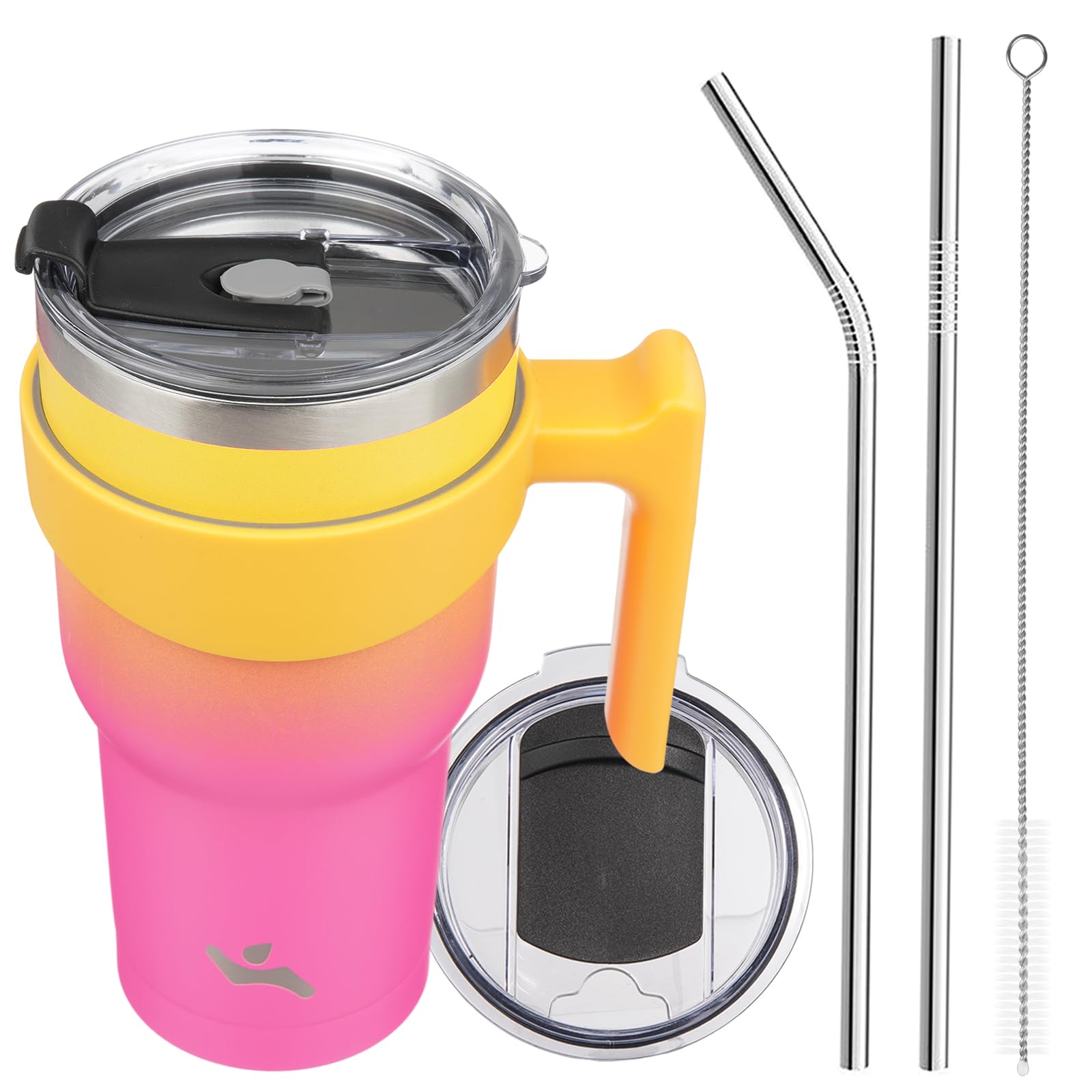 Konokyo 30 oz Tumbler with Handle and 2 Straw 2 Lid, Insulated Water Bottle Stainless Steel Vacuum Cup Reusable Travel Mug,Rainb