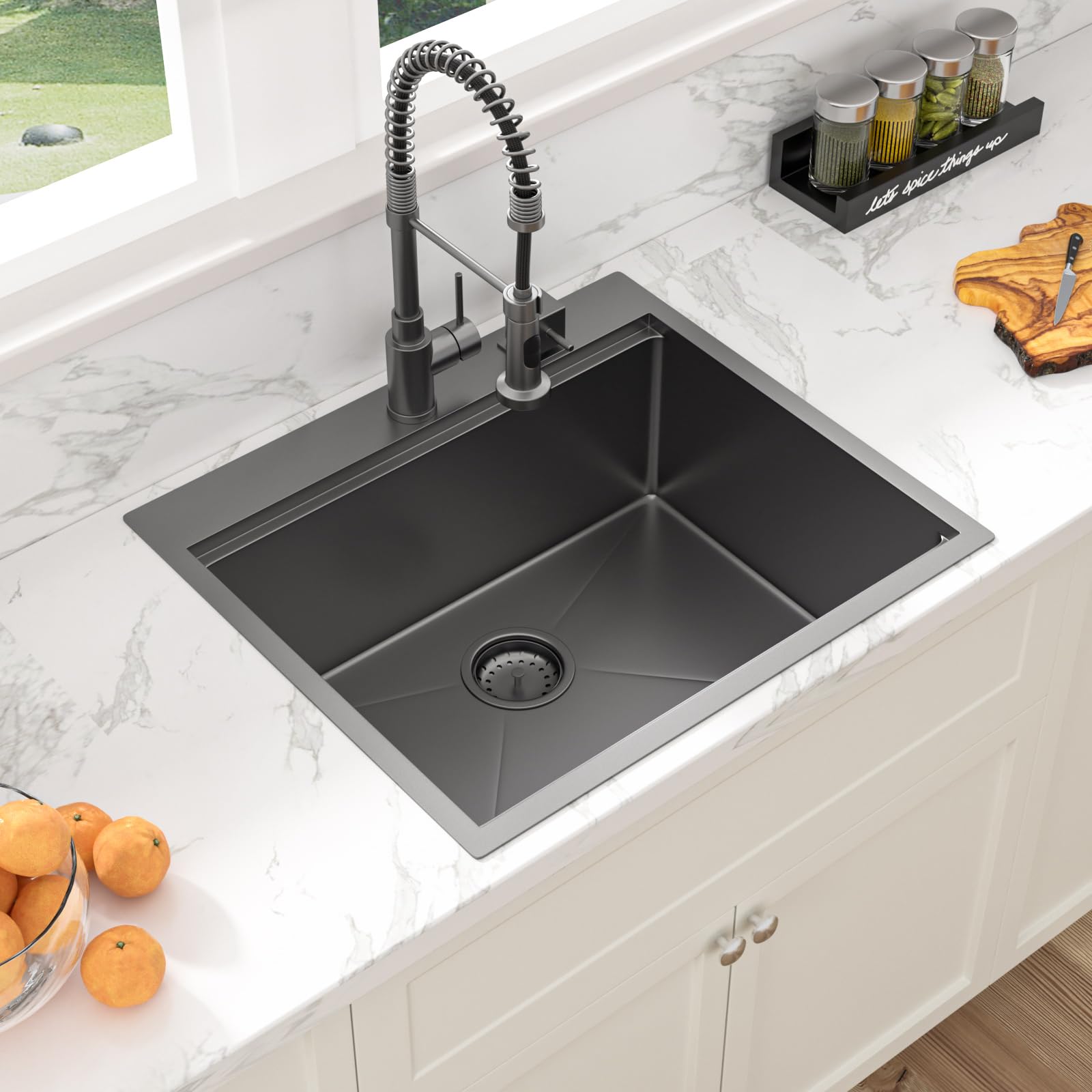 Sarlai 25 X 22 Inch Topmount Ledge Workstation Gunmetal Black Stainless Steel 16 Gauge Single Bowl Over Counter Utility Laundry