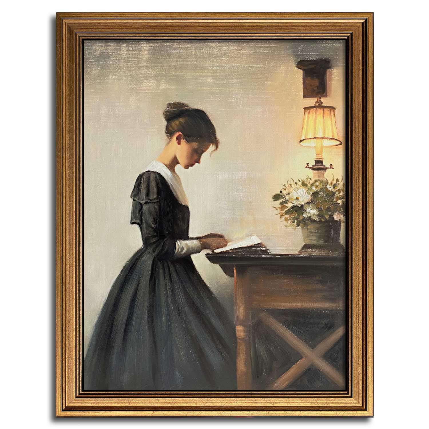 Gold Framed Wall Art Room Decor Classical Oil Painting Canvas Print Vintage Wall Art For Living Room Bedroom Decor (Young Girl,