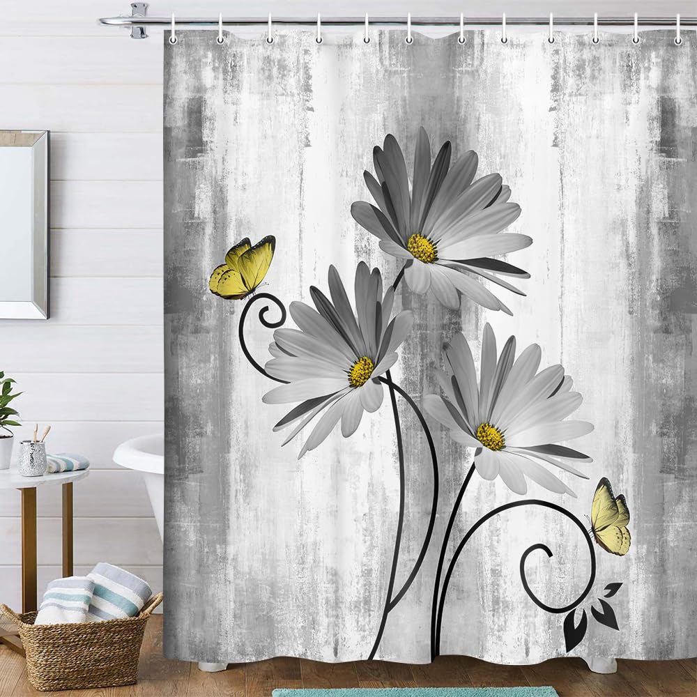 Veivian Rustic Farmhouse Shower Curtain, Farm Gray Grey Daisy Floral Flowers And Butterfly On Country Wooden Shower Curtain For
