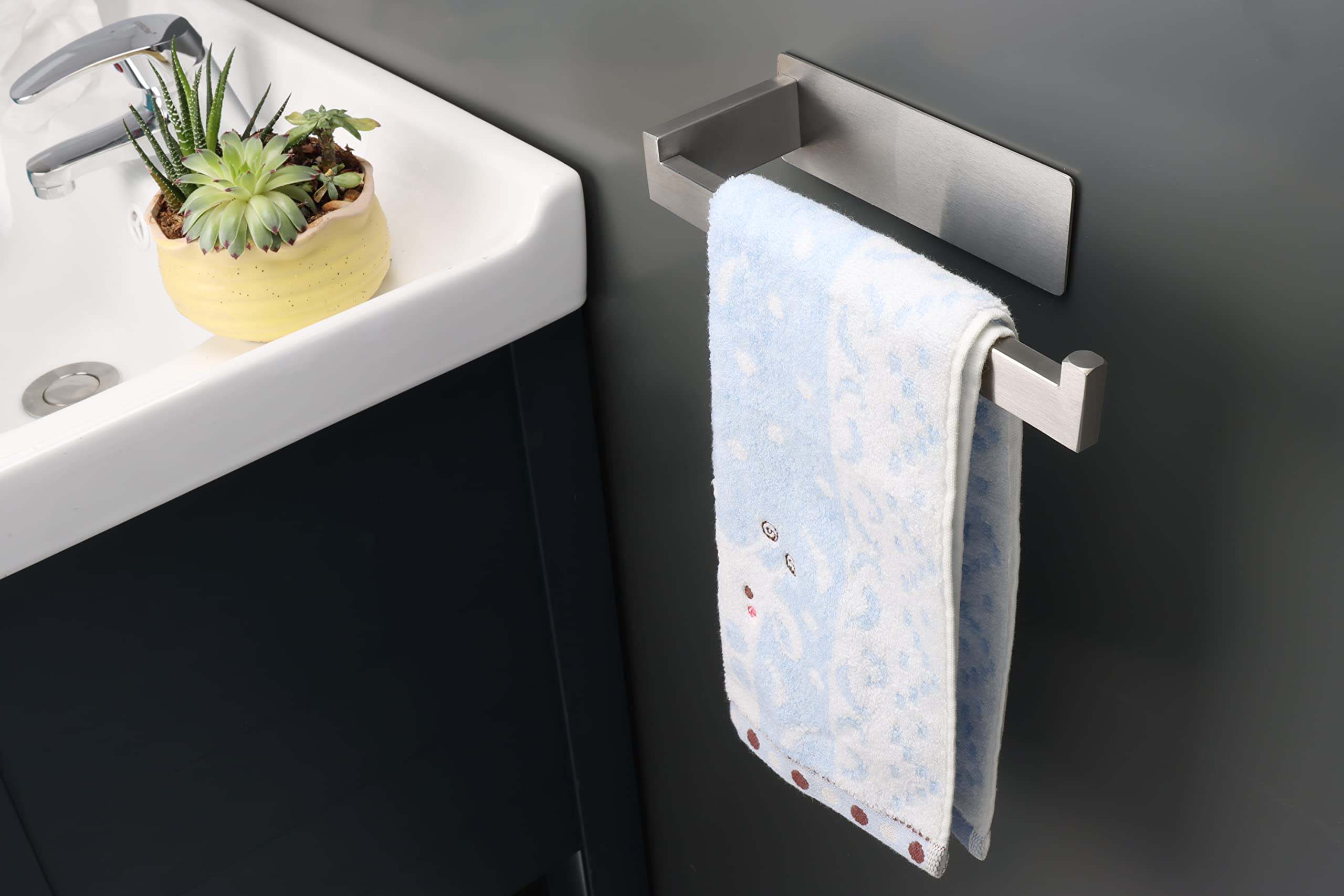 Vanloory Hand Towel Holder  Strong Self Adhesive Hand Towel Ring  Thicken SUS304 Stainless Steel Hand Towel Bar/Rack  No Drilling Modern Hand Towel Hanger (Brushed Nickel  9 in)