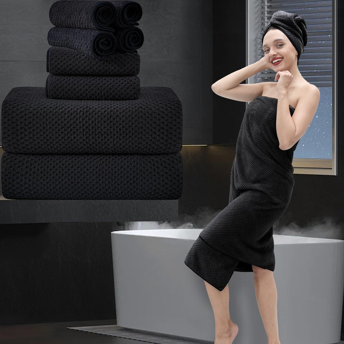 8 Piece Bathroom Towel Set Black |2 Oversized Large Bath Towels Sheet,2 Hand Towels And 4 Washcloths| 600Gsm Ultra Soft Luxury P