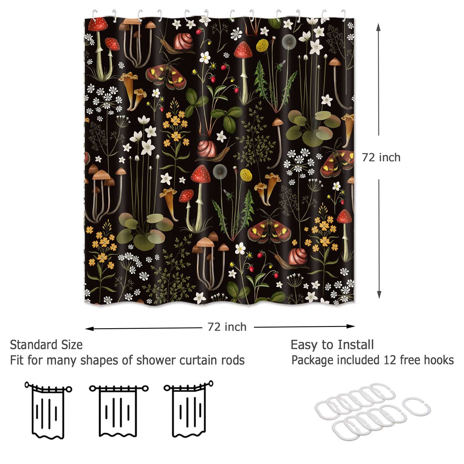 Emwnodti Retro Mushroom Shower Curtain For Bathroom, Fairy Forest Flowers Plants On Black Background Bath Curtains, Vintage Bota