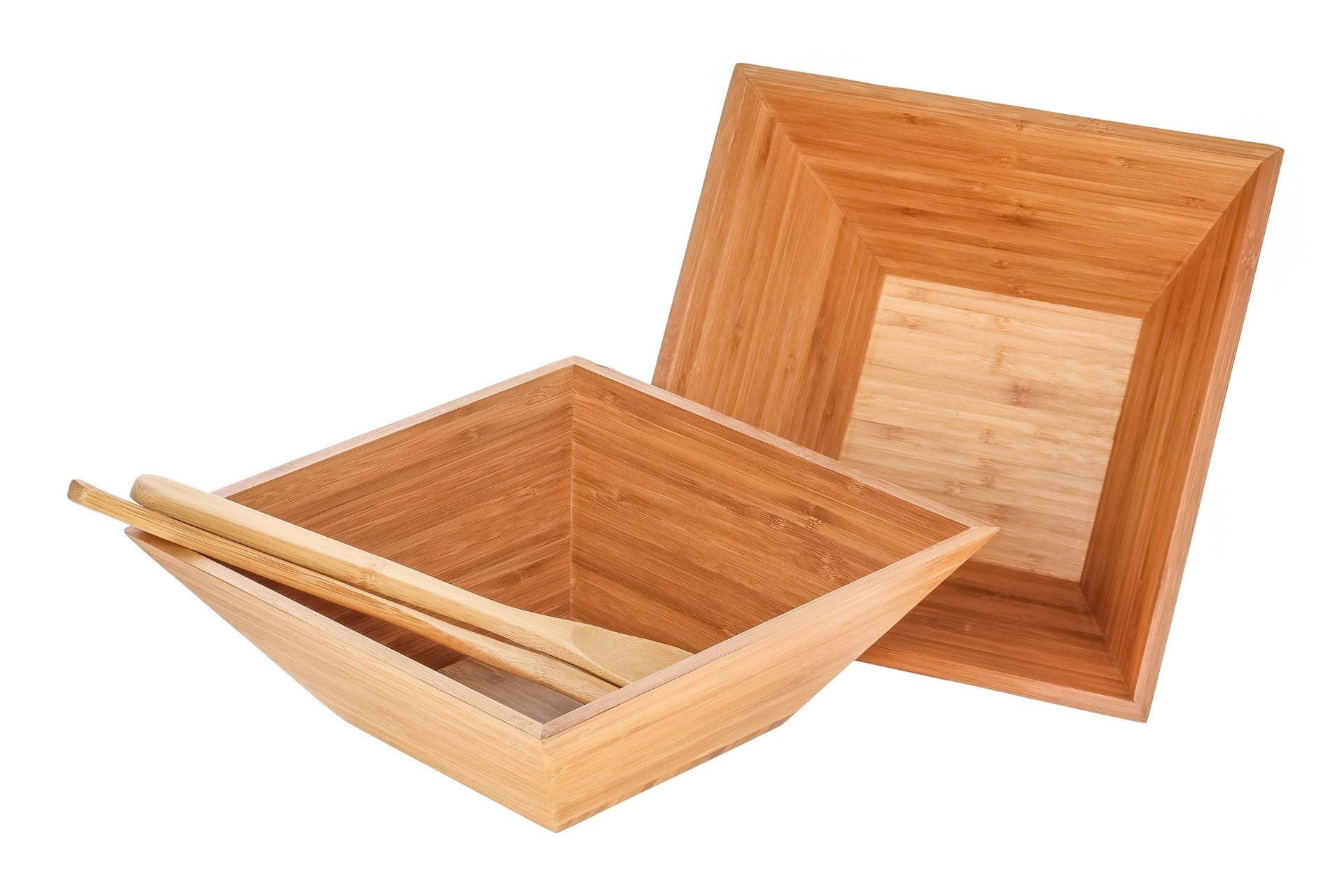 Heim Concept Bamboo Salad Bowl 4 Pc Set W/Serving Hands, 2 Square Bowls & Pair Salad Servers Eco-Friendly Bpa Free