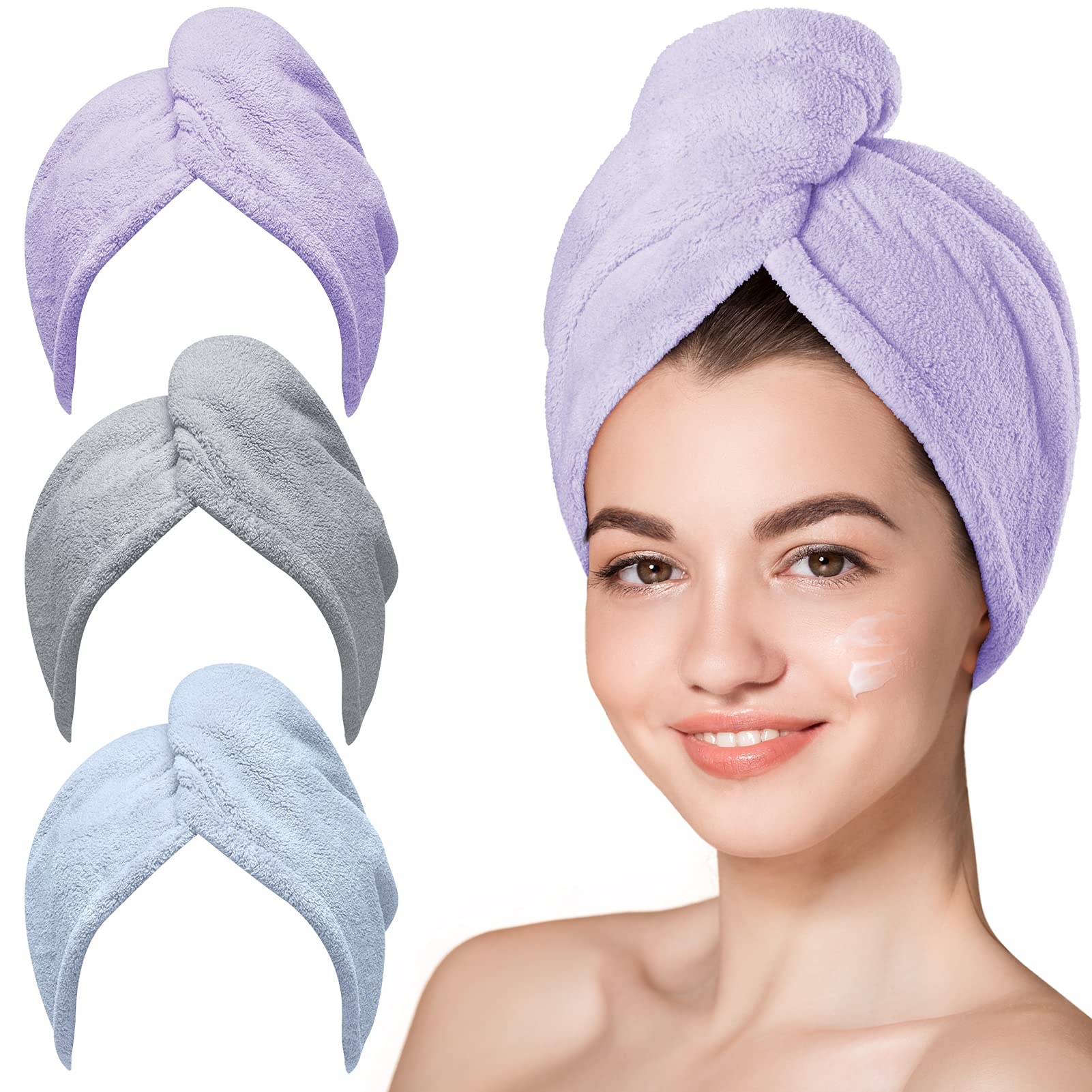 Hicober Microfiber Hair Towel, 3 Packs Hair Turbans for Wet Hair, Drying Hair Wrap Towels for Curly Hair Women Anti Frizz(Purple