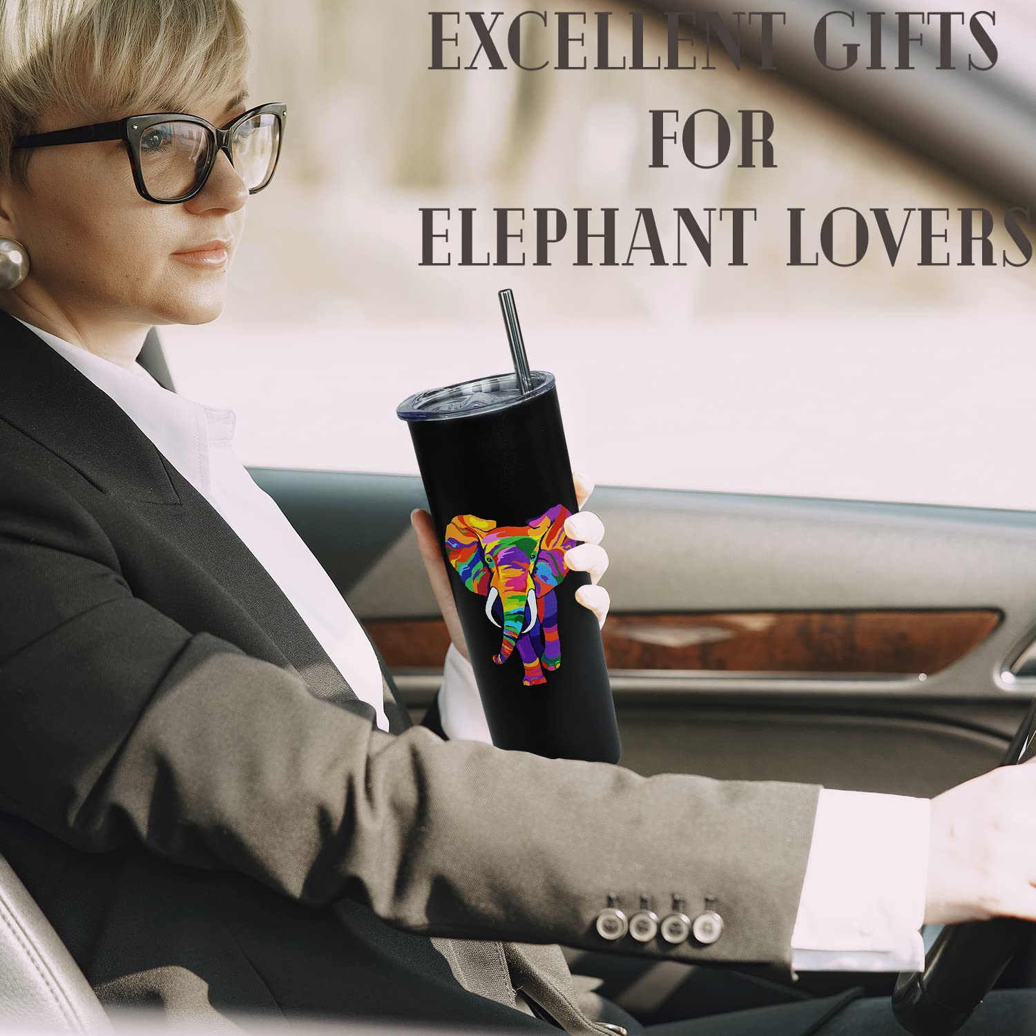 Elephant Tumbler With Lid And Straw- Elephant Gifts For Women, Men - Colorful Elephants Cup, Skinny Tumbler, Water Bottle, Coffe