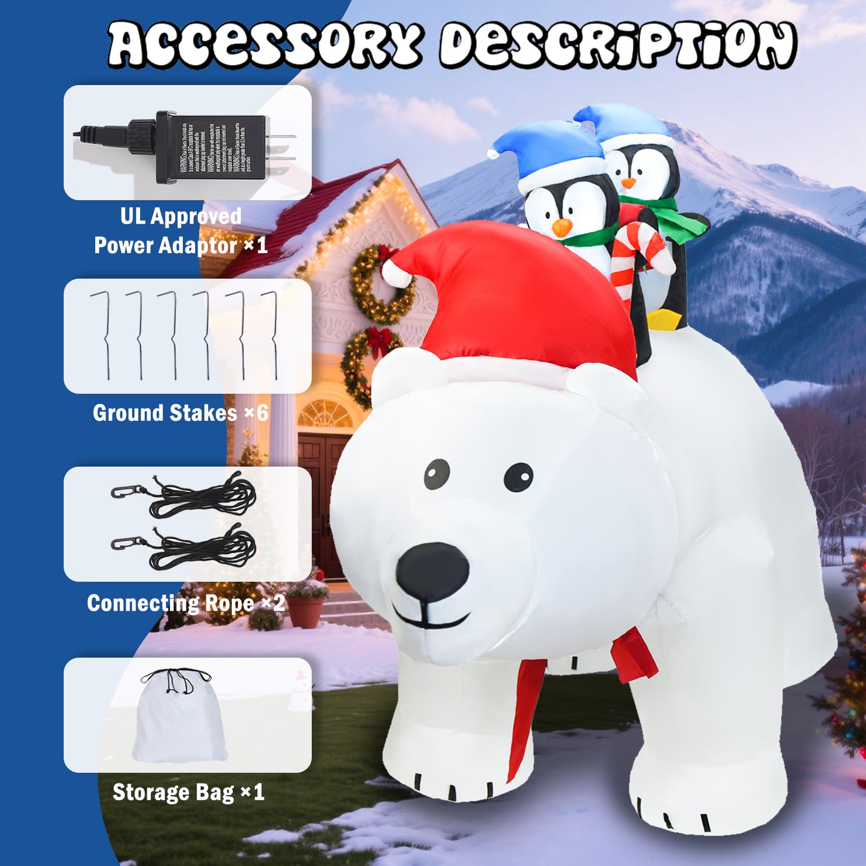 DearSun 7FT L Christmas Inflatable Penguins on Polar Bear with Shakable Head, Blow up Christmas Inflatable with Build-in LED Lig