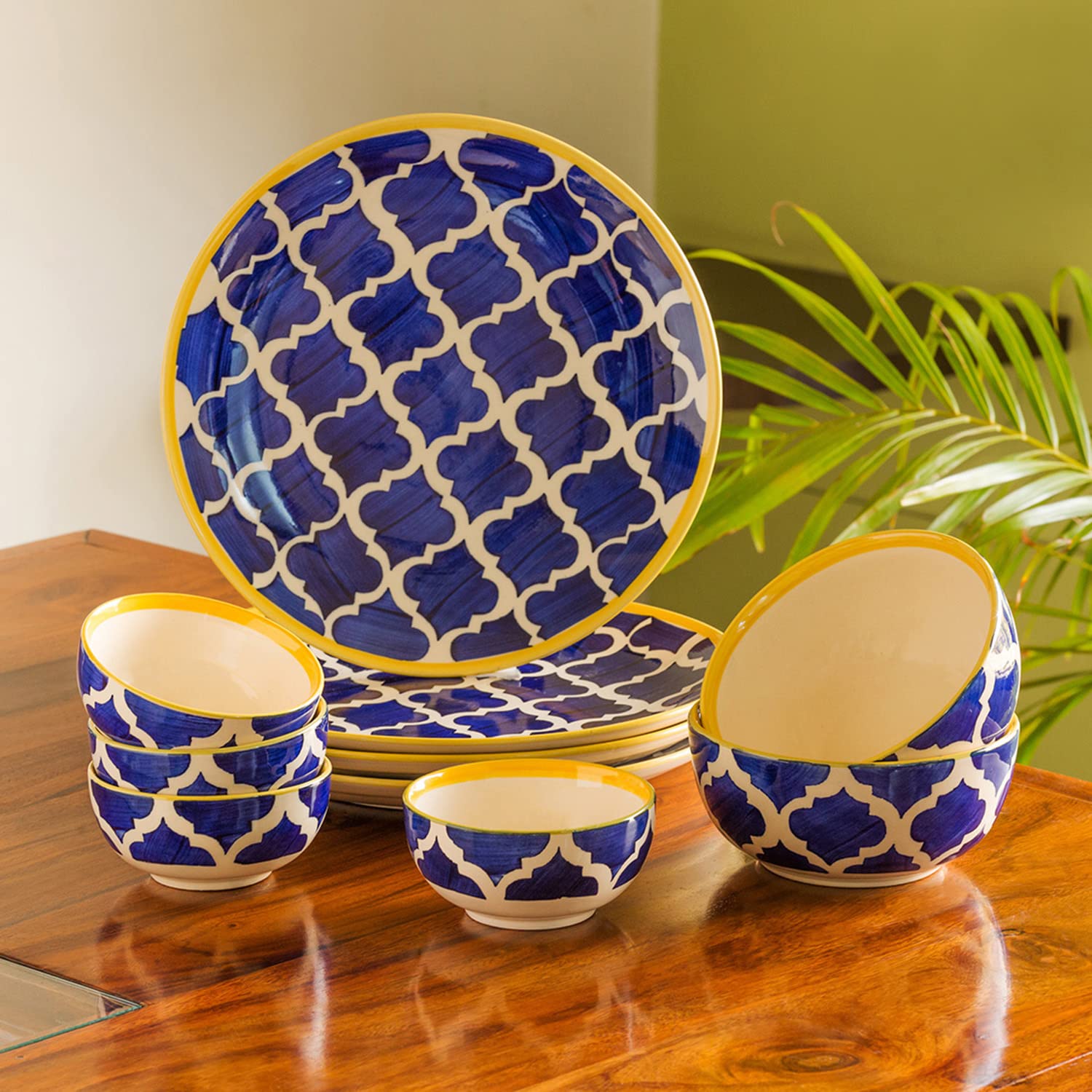 Exclusivelane 'Moroccan Handpainted' Ceramic Dinner Set (10 Pieces, Serving For 4, Dishwasher & Microwave Safe) | Dinner Set For