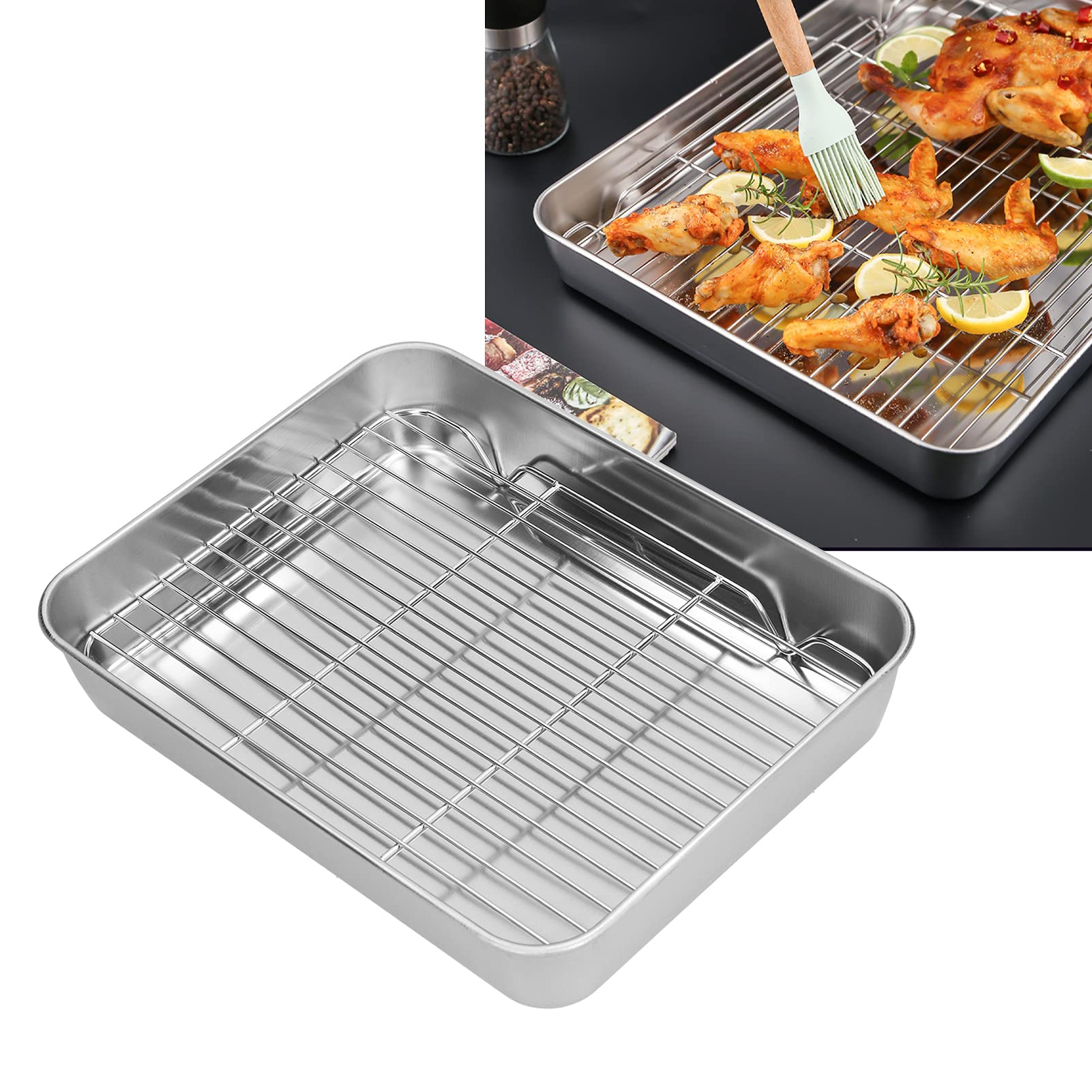 Aqur2020 Roasting Pan, Rectangular Baking Pan And Rack Stainless Steel Easy For Cooking Baking(26.5 * 20.5 * 5Cm)