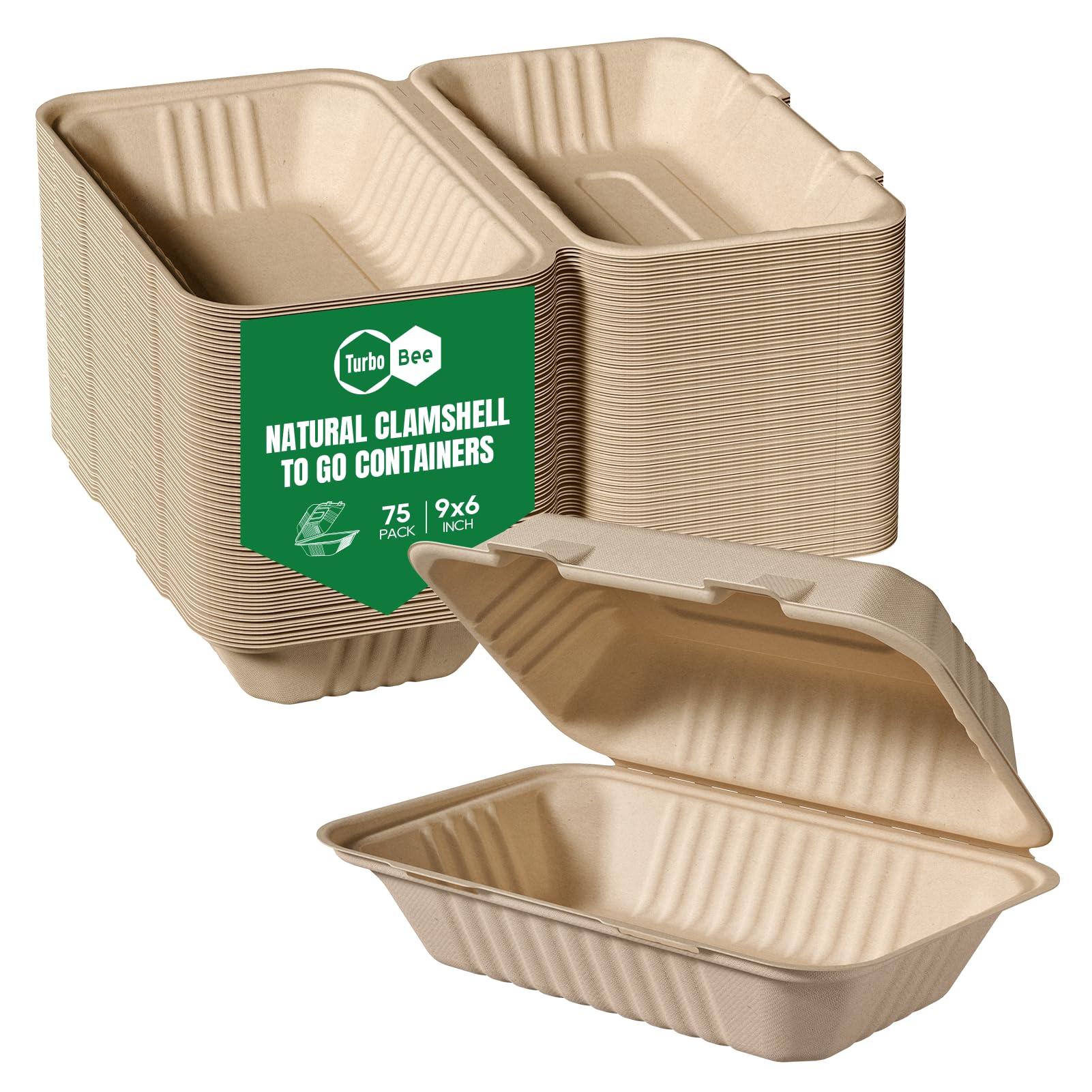 Turbo Bee 75 Pack Natural Compostable Take Out Containers, 9x6 Disposable Clamshell Food Containers with Lids, To Go Boxes for F