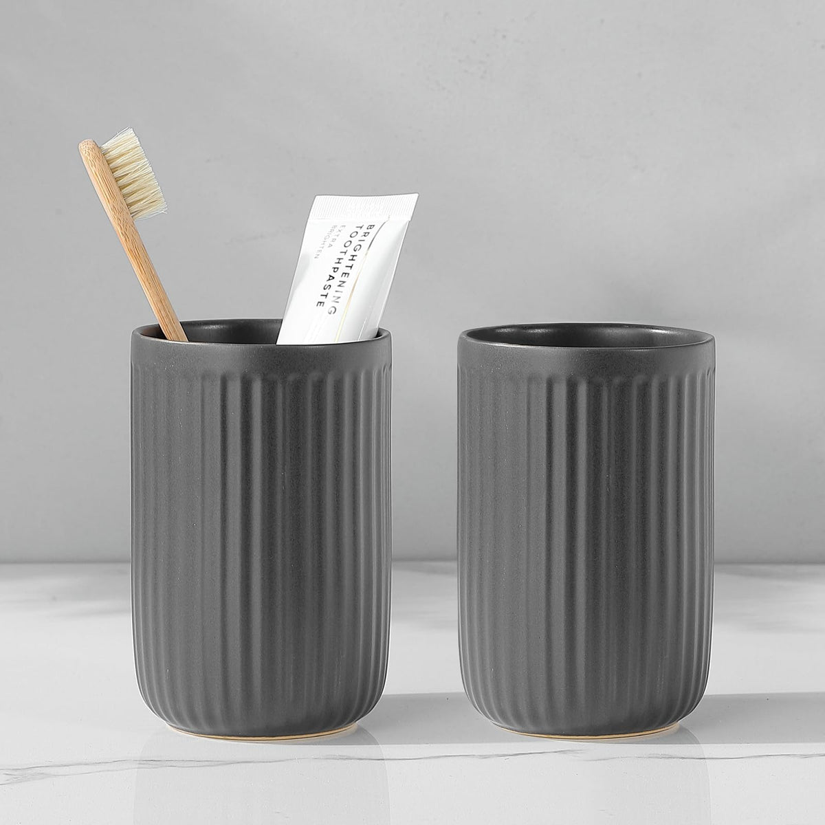 Grey Toothbrush Holders For Bathrooms - 2 Cups Ceramic Toothbrush Toothpaste Holders Set, White Bathroom Tumbler Cups Reusable T
