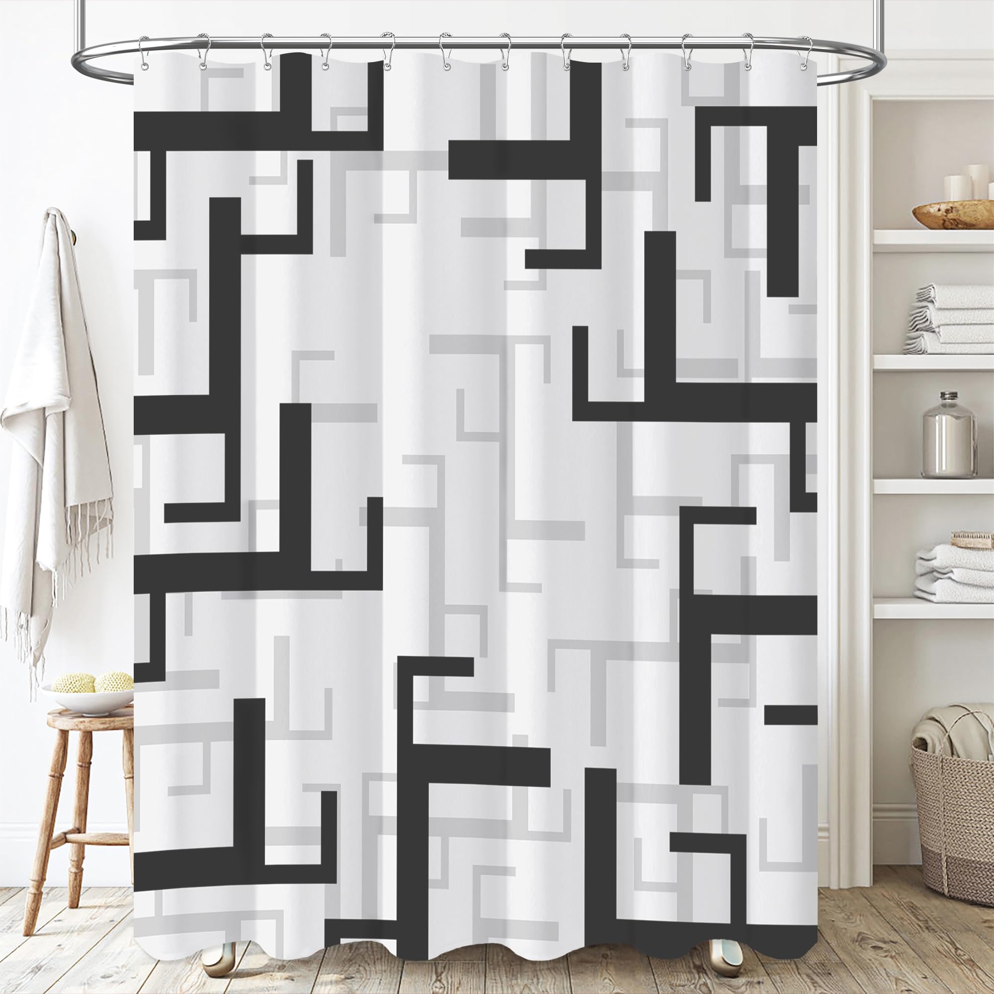 Bttn Stall Fabric Shower Curtain - 54X78 Inches Long Geometric Waterproof Cloth Shower Curtain Set With 10 Plastic Hooks, Narrow