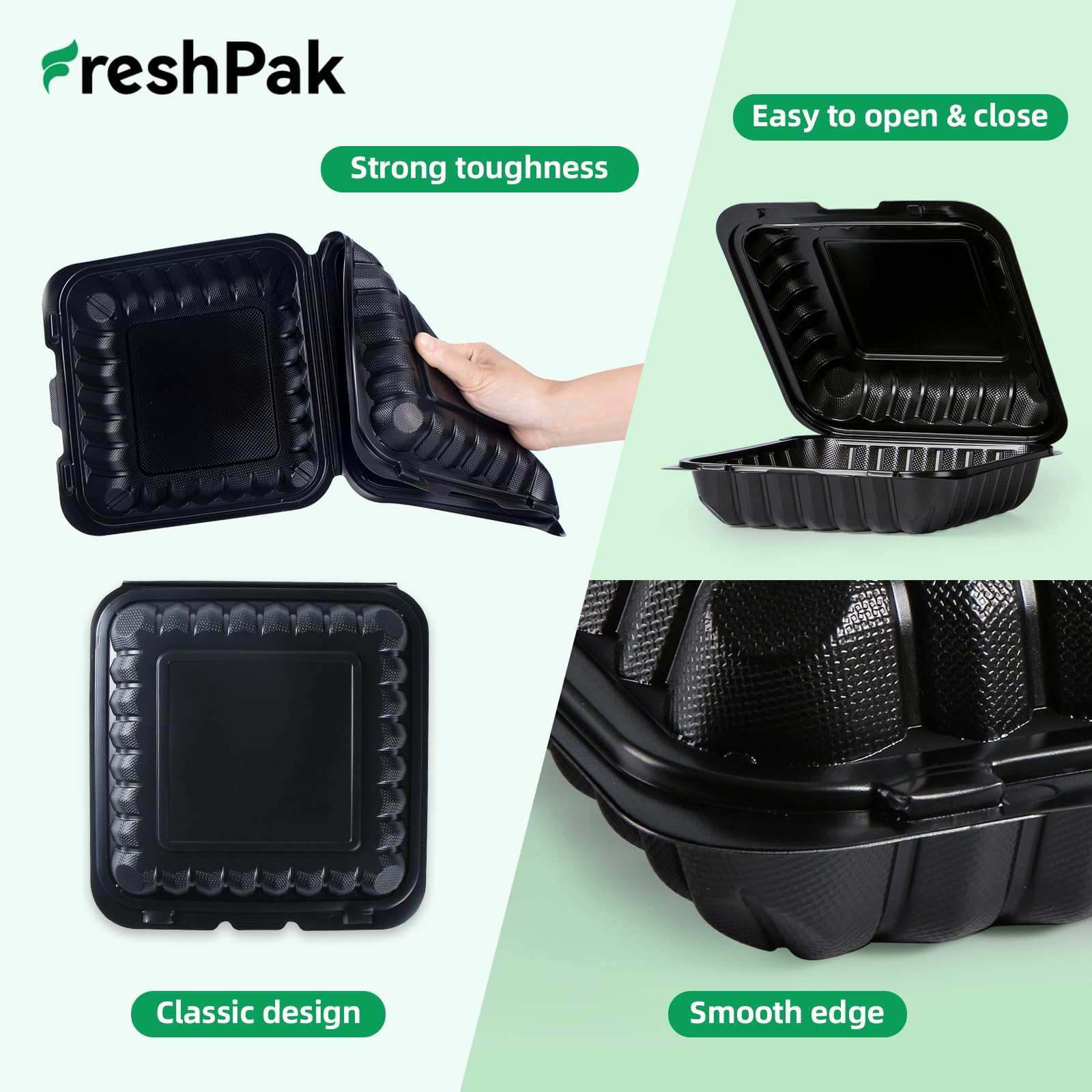 Freshpak To Go Containers, 34 Oz Plastic Black Clamshell Food Containers For Lunch 55 Pack Reusable Bpa-Free Heavy-Duty Mfpp Dis
