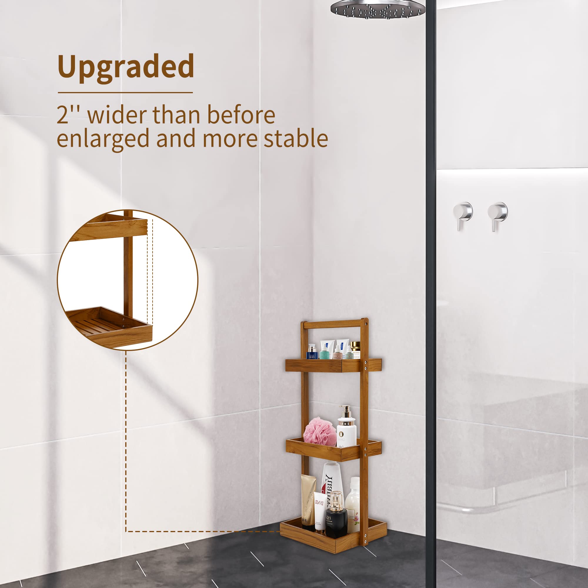 Utoplike Teak Shower Caddy Shelf, Standing Shower Organizer For Bathroom Corner, Wooden Freestanding Racks Storage For Inside Sh