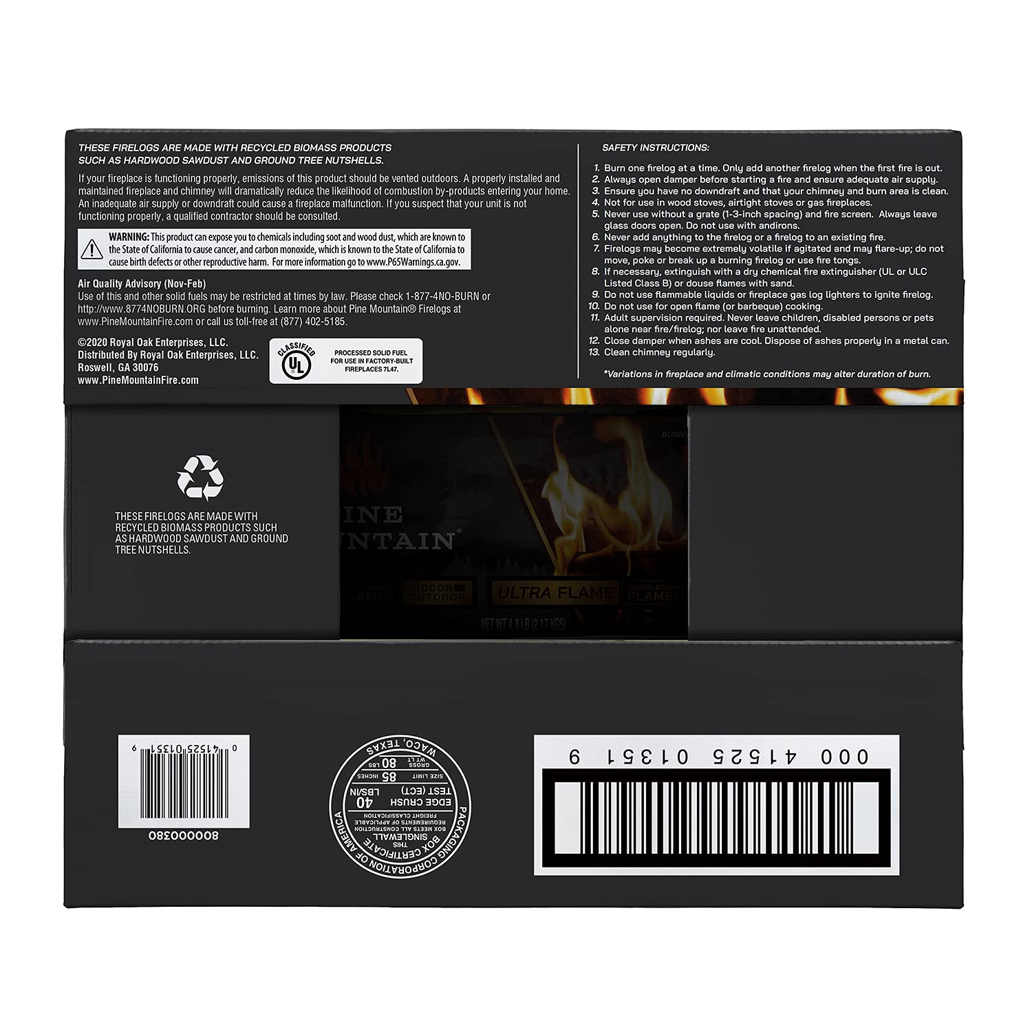 Pine Mountain Ultraflame 3-Hour Firelogs, Long Burning Firelog For Campfire, Fireplace, Fire Pit, Indoor&Outdoor Use, 6 Pack