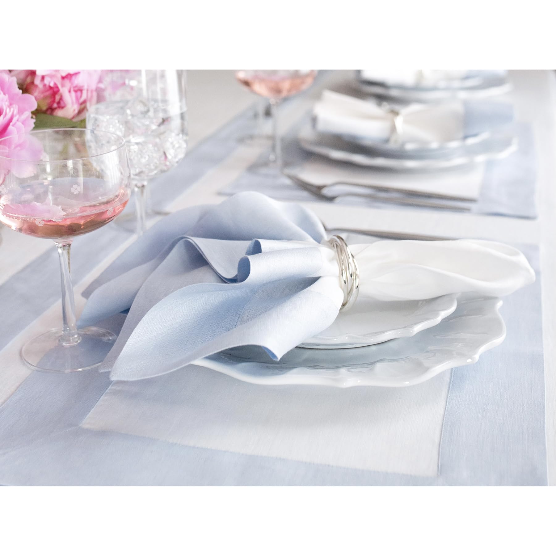 Solino Home Linen Placemats Set Of 4-100% Pure Linen Cloth Fabric Placemats Light Blue And White - 19'' L X 14'' W Inch Washable