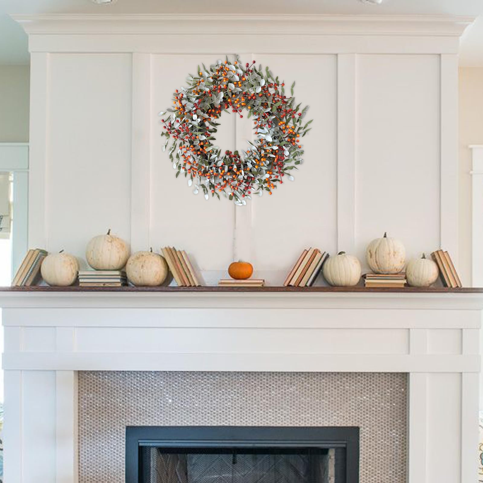 Egolot 22 Inch Boxwood Orange Berries Wreath for Front Door, Fall Door Wreath for Indoor Outdoor, Soft Touch Greenery with Yello