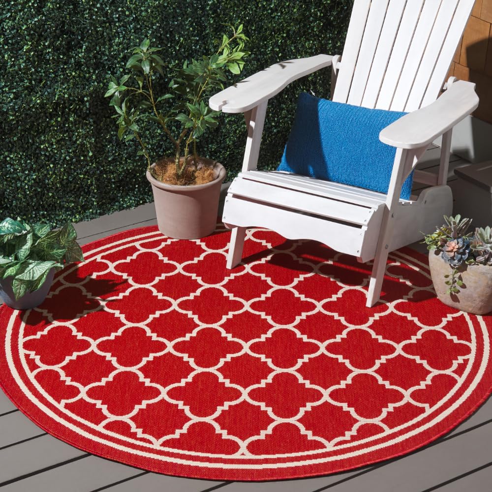 SAFAVIEH Courtyard Collection 53 Round Red/Bone CY6918 Trellis Indoor/ Outdoor Waterproof Easy--Cleaning Patio Backyard Mudroom