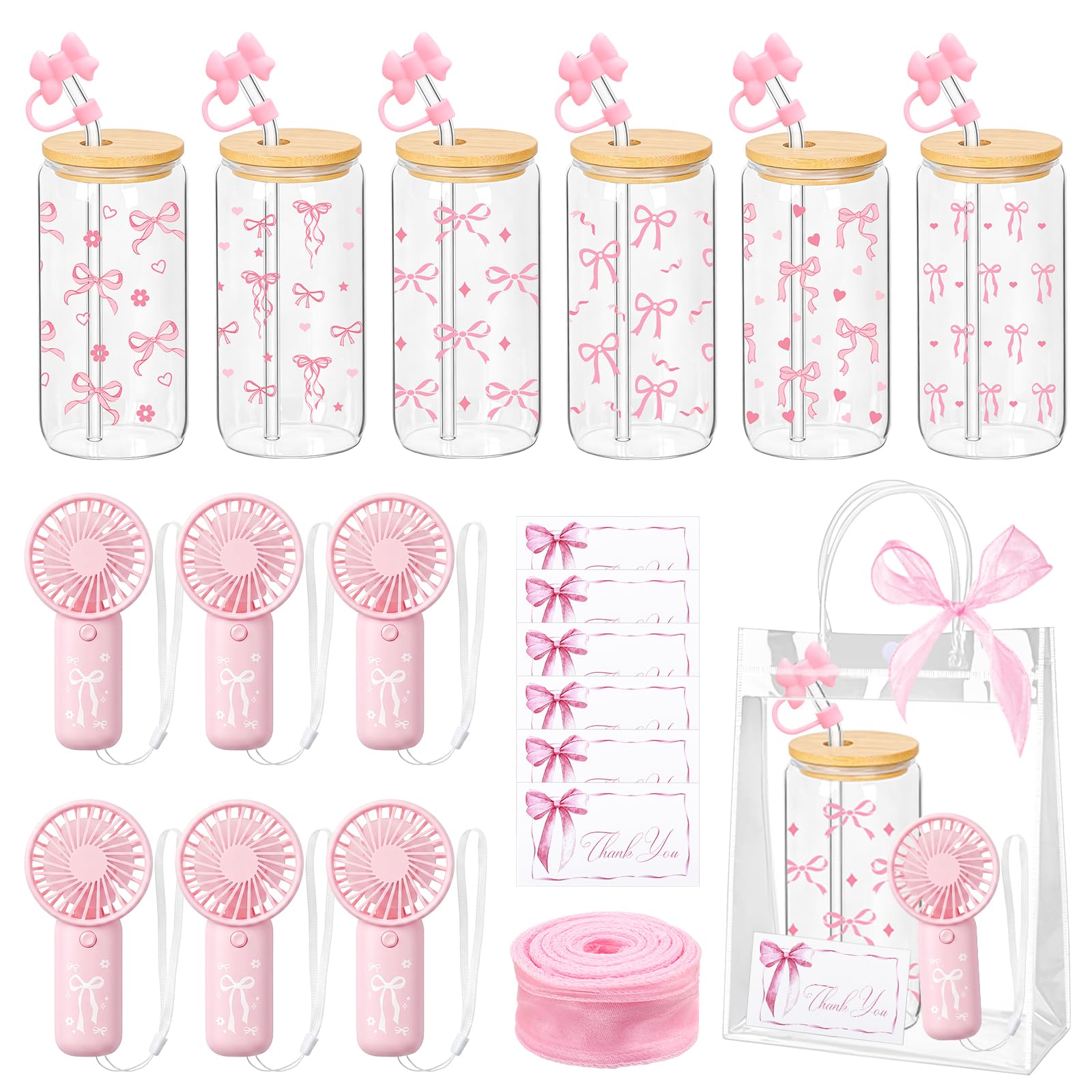31Pcs/6Set Pink Coquette Bow Party Favors Gift Set 16oz Glass Cups with Lids Straws Covers Portable Fans Greeting Cards Gift Bag