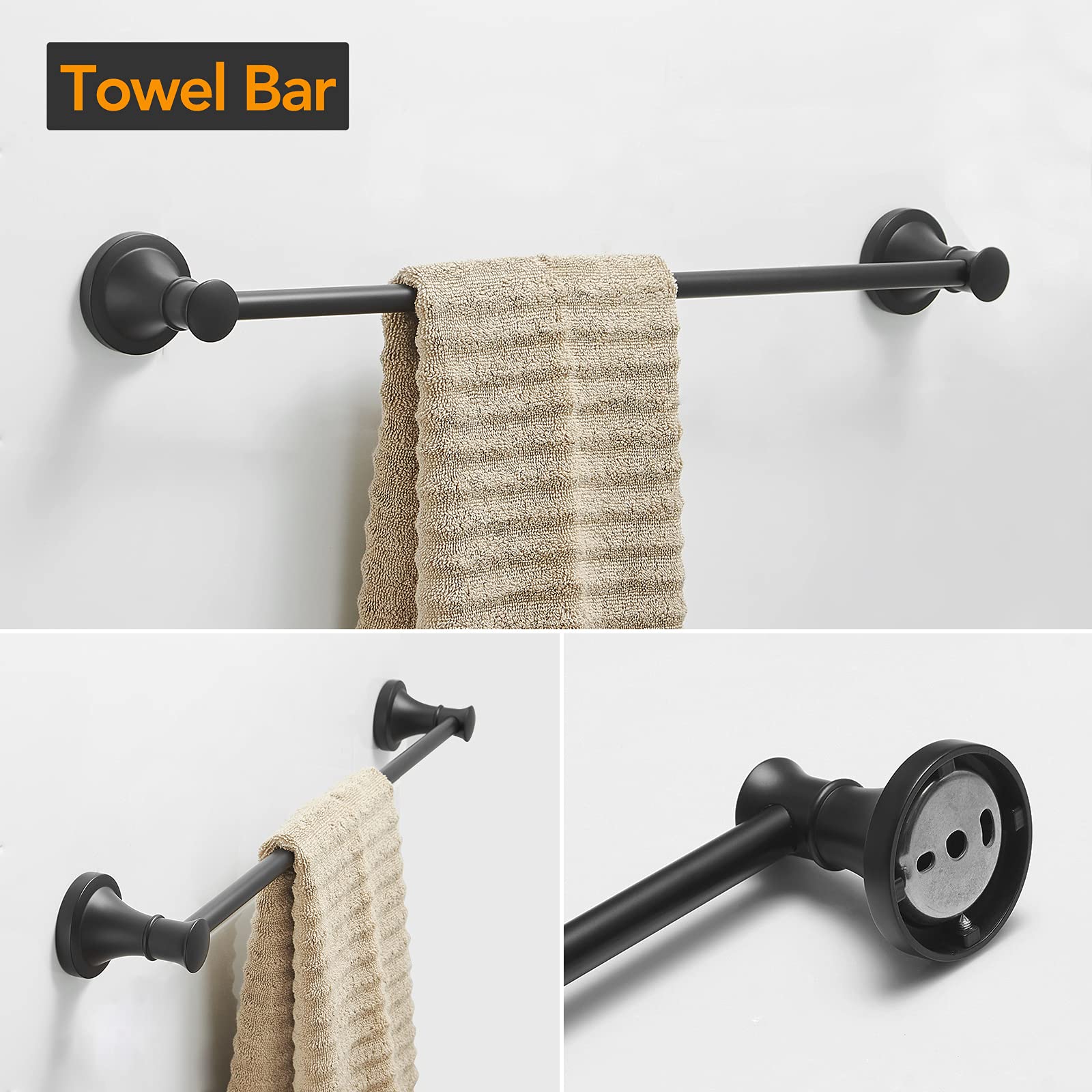 BESy Matte Black 4 Piece Bathroom Accessories Set (Single Towel Bar  Towel Ring  Toilet Paper Holder  Double Towel Hooks)  Wall Mounted Bath Hardware Accessory Fixtures Rack Set