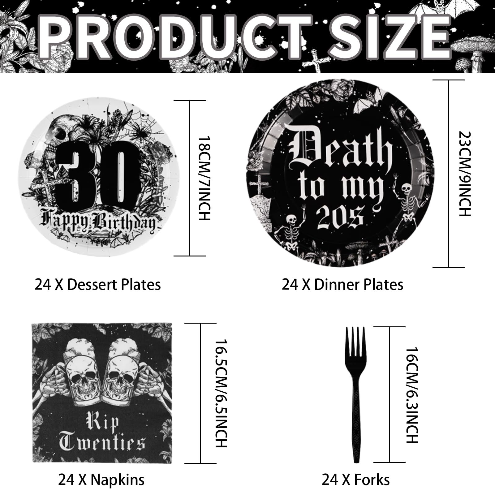 96Pcs 30Th Birthday Party Supplies Death To My 20S Plates Napkins Forks Tableware Set Disposable 350Gsm Black Rip To My 20S Part