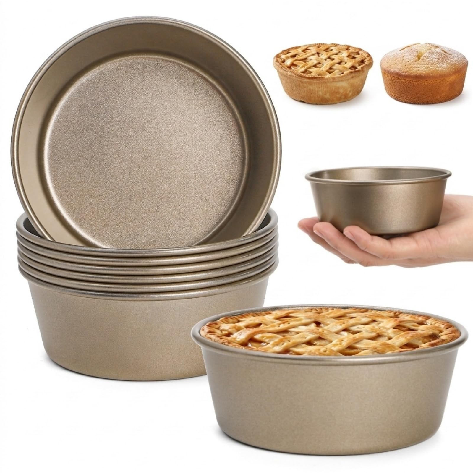 ZEAYEA 8 Pack Mini Pie Pans, 4 Inch Reusable Nonstick Small Round Muffin Cake Pan, Carbon Steel Pie Tins Hamburger Bun Mold for 