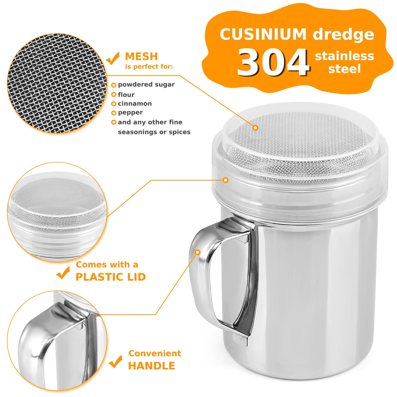 Accmor 2Pcs Powdered Sugar Shaker Duster, Cinnamon Shaker Flour Sifter, 10Oz Stainless Steel Fine Mesh Dredges Shakers For Cinna