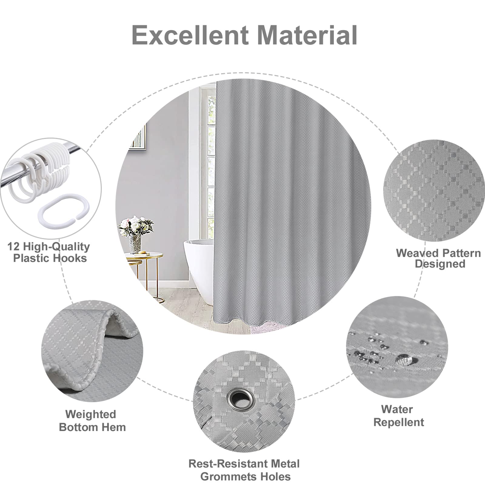 Beneyhome Extra Long White Shower Curtain 80 Inches Tall  180GSM Heavy Duty Washable Waffle Polyester Fabric Bathroom Curtains with Hooks  Hotel Luxury Spa  Wrinkle Free  Water-Repellent 72x80 Length
